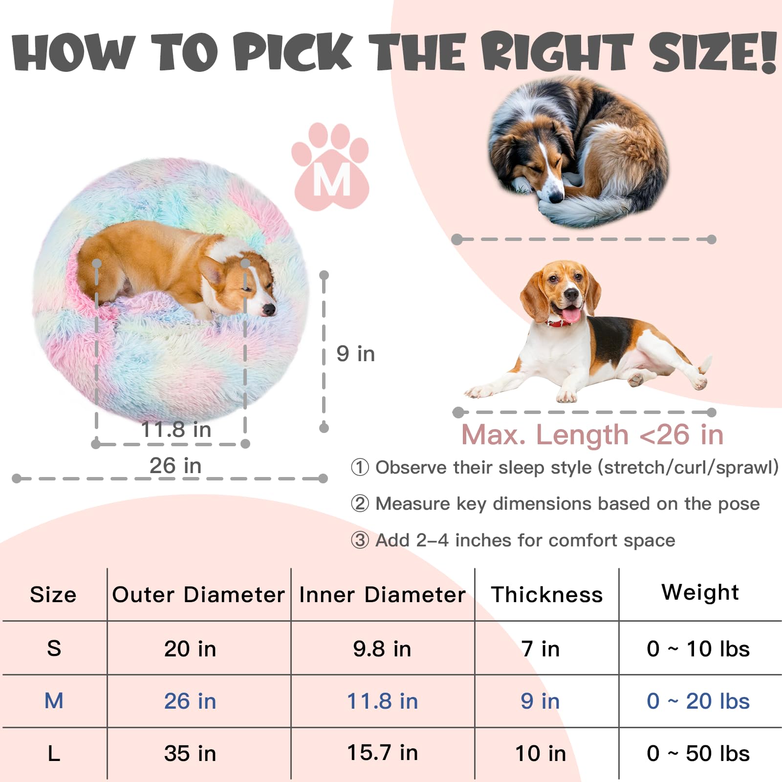 Himax Medium Dog Bed Washable, Round Dogs Beds With Blanket Attached, Calming Dog Bed, Multi-Colored (20''/26''/35'')