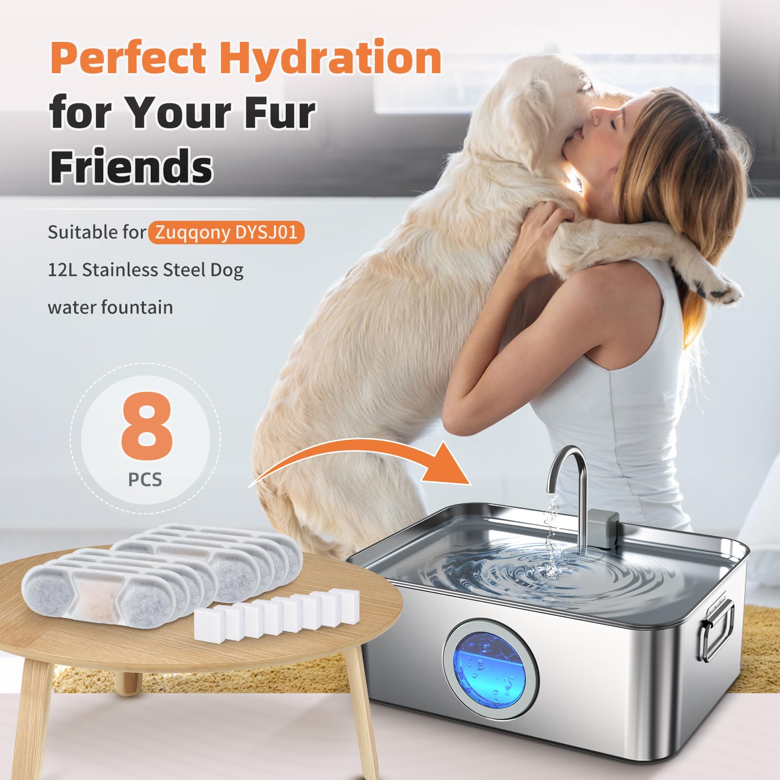 8 Pack Dog Fountain Filter Replacement For Zuqqony 12L/3.2Gal Stainless Steel Large Dog Water Fountain, Dysj01 Dog Water Bowl Di