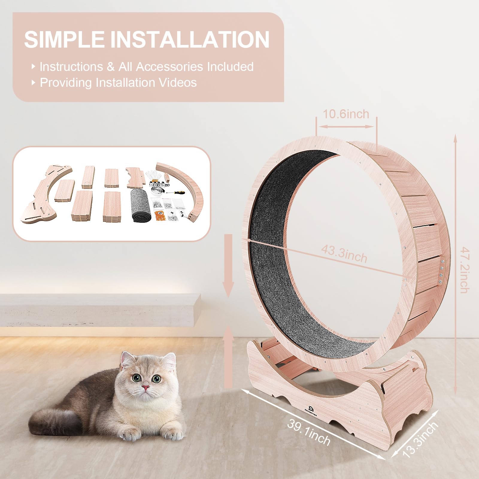 Naviconvex Cat Wheel, 47'' Xl Large Cats Exercise Running Wheel, Cat Treadmill For Indoor Cats, Pink