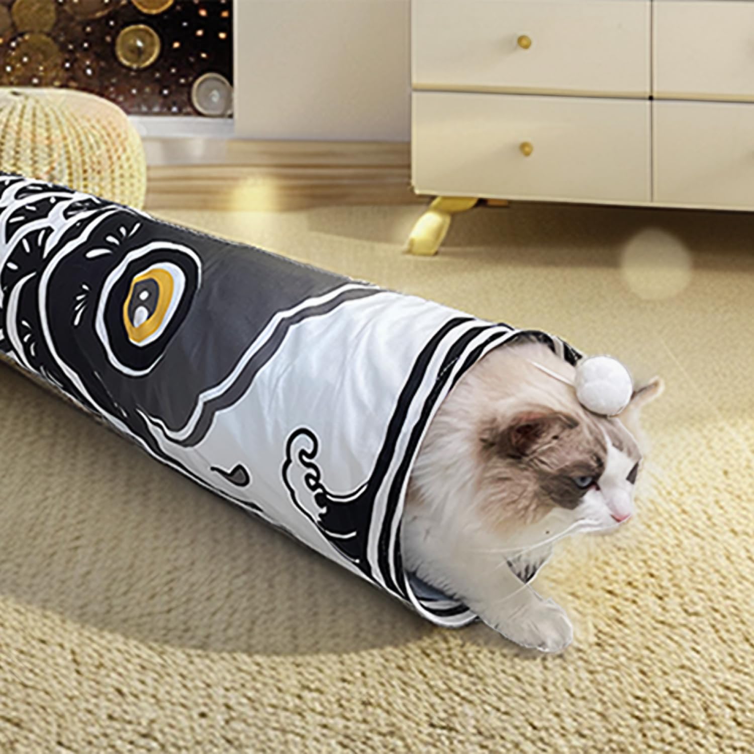 Dsumky Cat Tunnel With Fish Design, Plush Toy Ball, Easy To Clean, Collapsible, Hide & Seek Play, Self-Entertainment Toy (Ocean