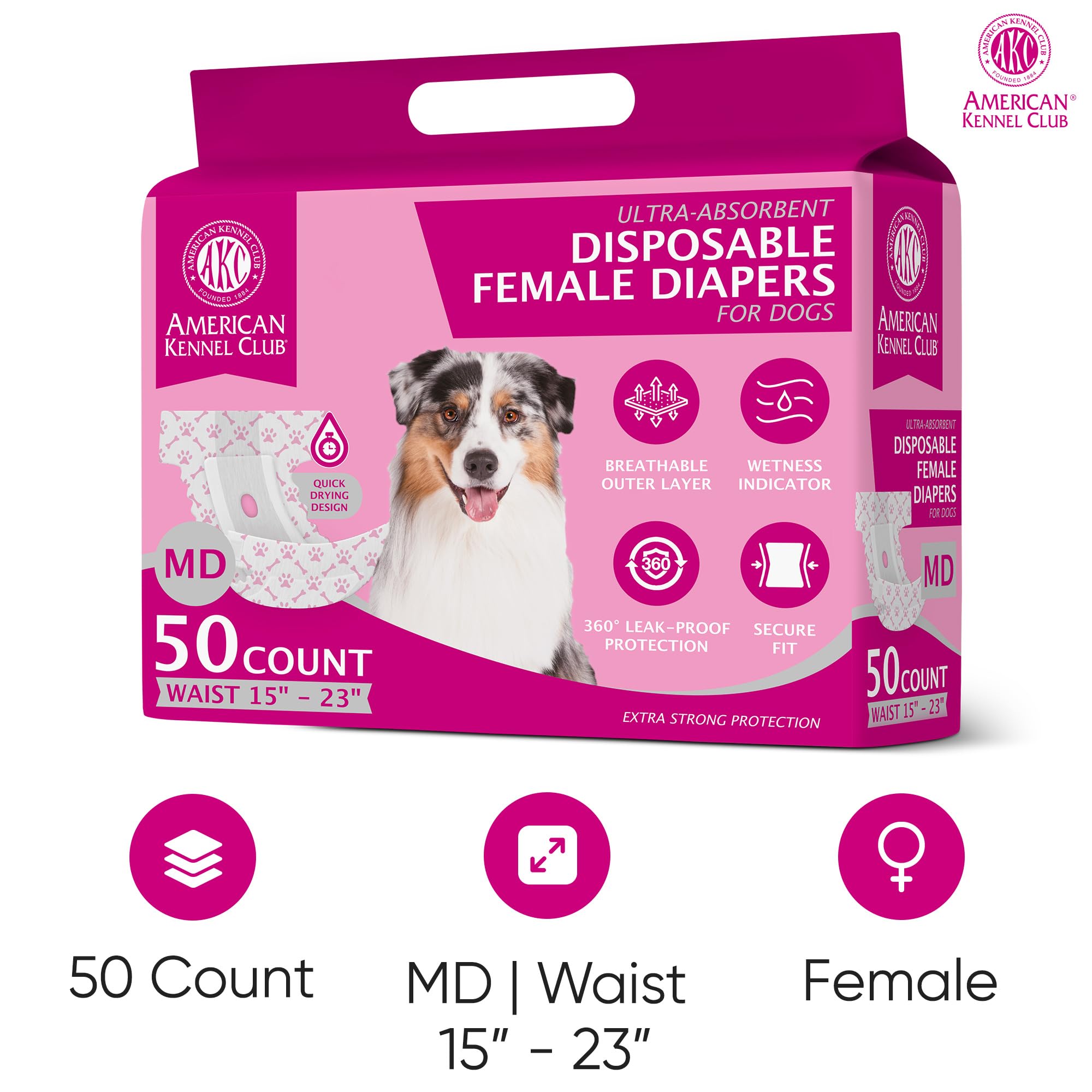 American Kennel Club Female Dog Wrap, Disposable Diapers With Wetness Indicator, Medium, 50 Count