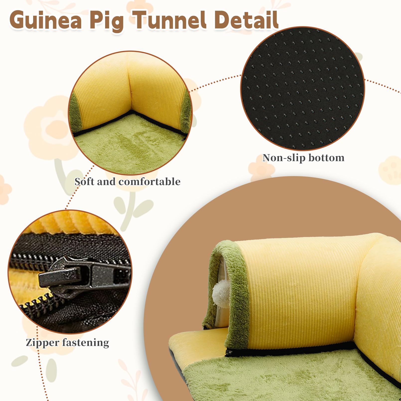 3 Pcs Guinea Pig Hideout Tunnel With Removable Base & 2 Liners - Machine Washable Soft Small Animal Bed & Play Tube For Chinchil