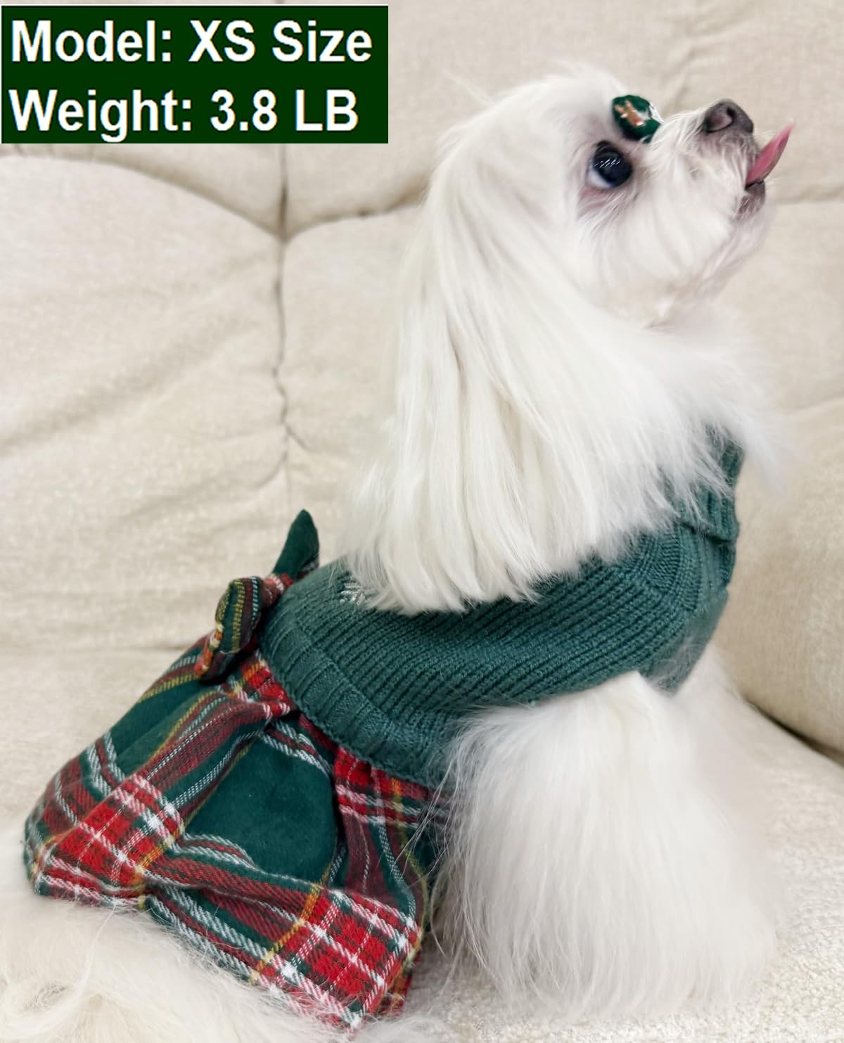 Green Embroidery Snowflake Chihuahua Clothes, Holiday Festive Christmas Dog Sweater Dress For Girl Puppy, Plaid Cat Outfit, X-Small (Xs) Size Back Length 9'