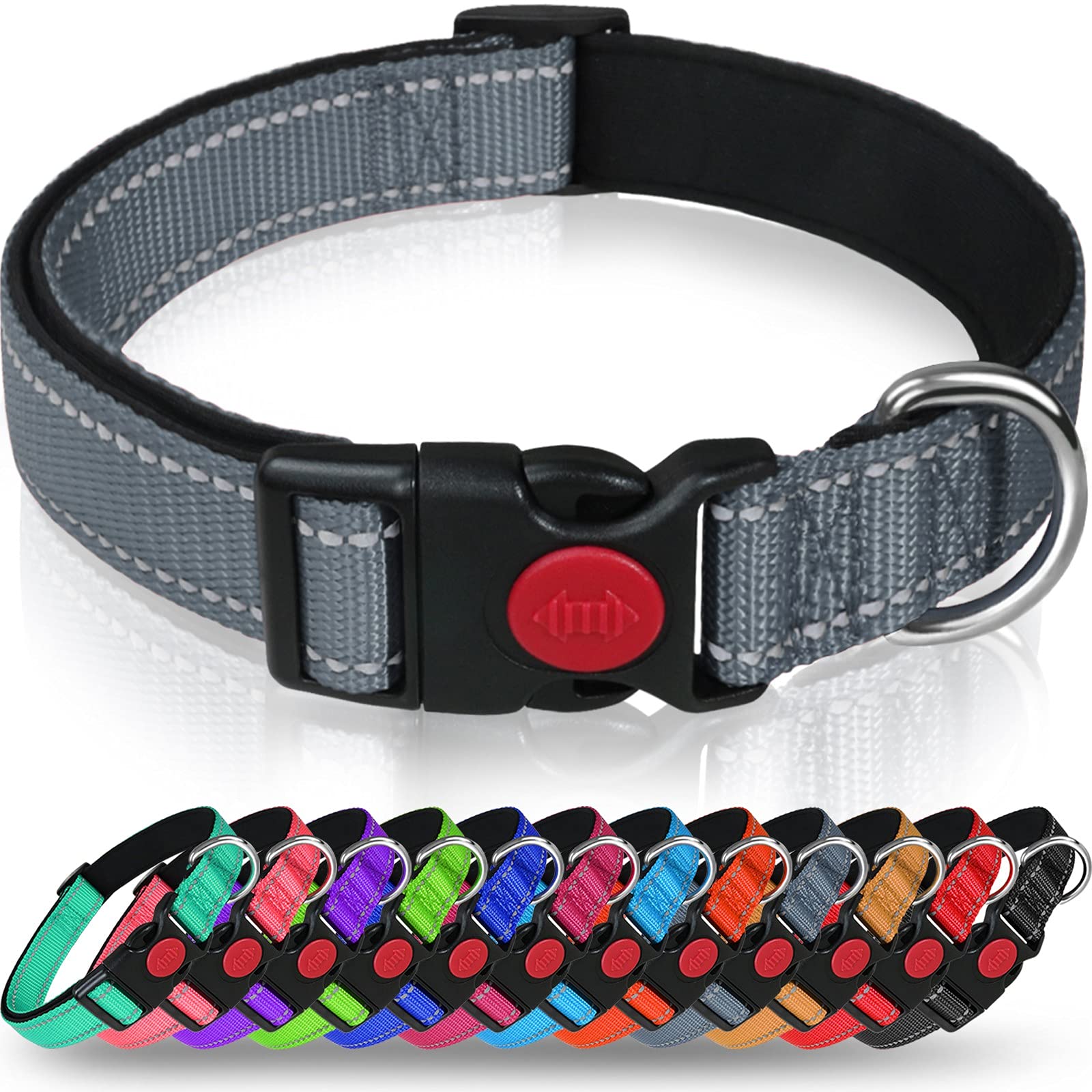 Taglory Reflective Dog Collar With Safety Locking Buckle, Adjustable Nylon Pet Collars For Extra Large Dogs Female Male, Grey, Xl