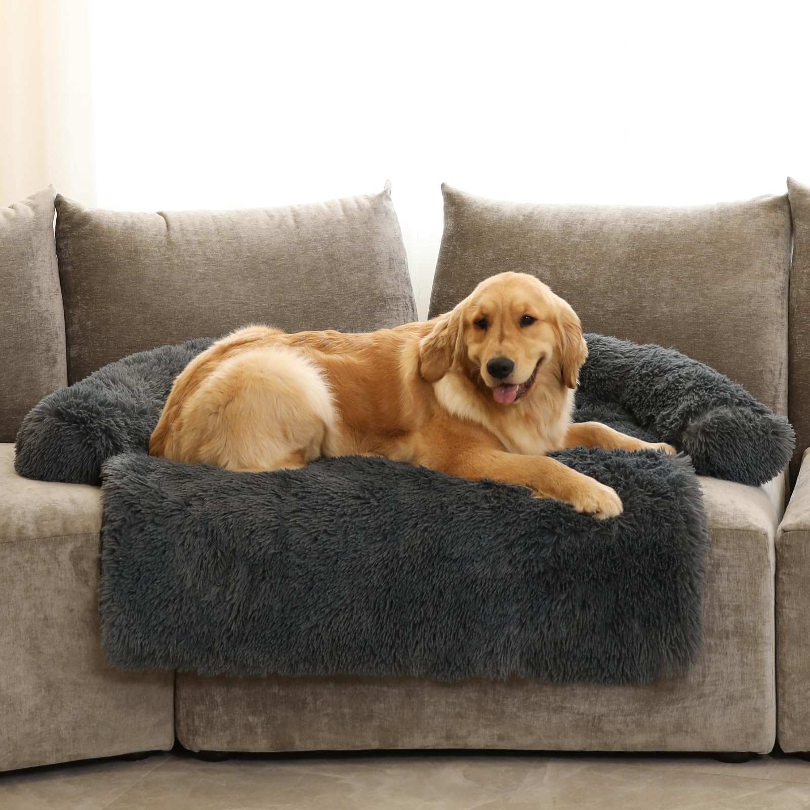 Calming Dog Bed Fluffy Plush Dog Mat For Furniture Protector With Removable Washable Cover For Large Medium Small Dogs And Cats (Extra Large(53X39.3X6), Dark Grey)