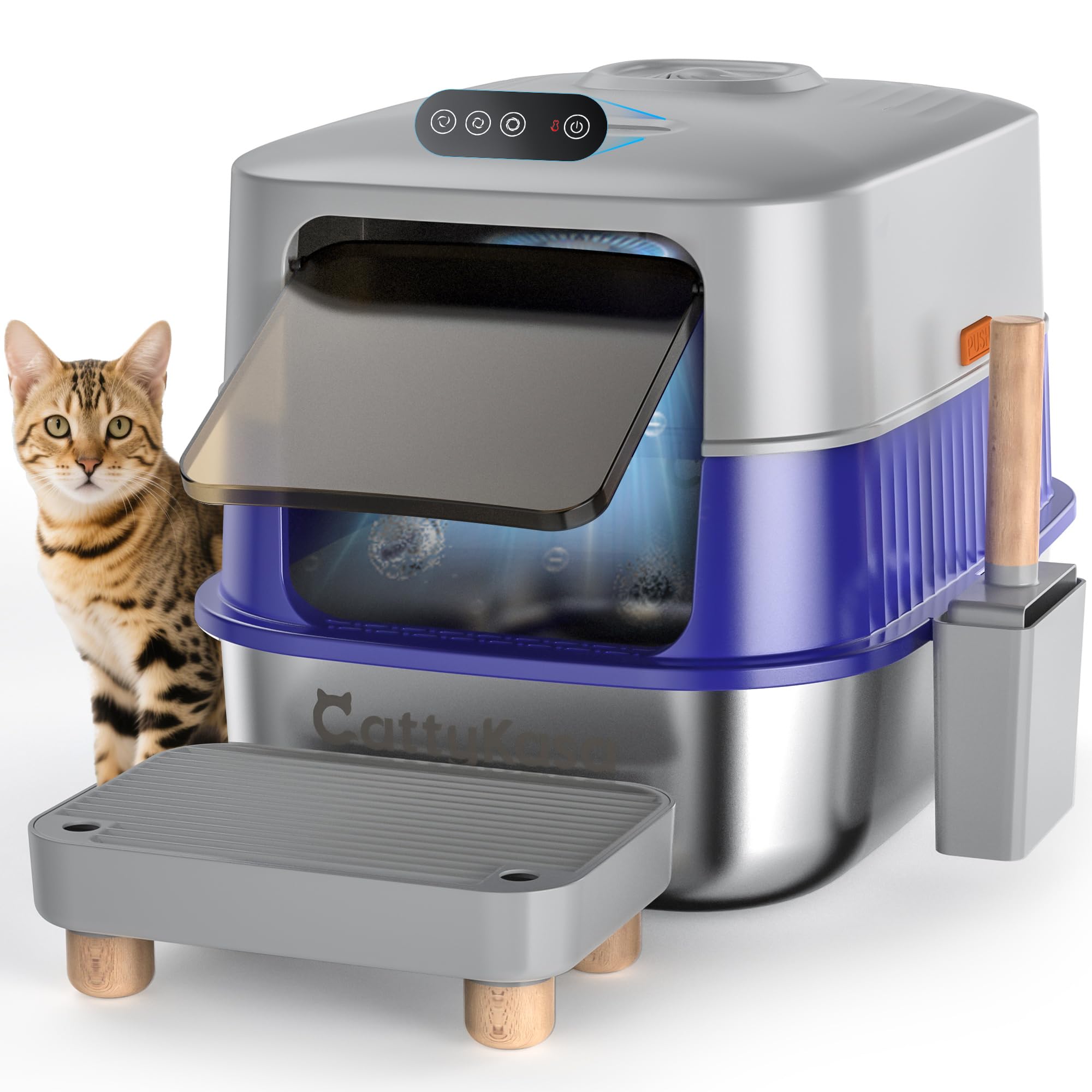 Stainless Steel Litter Box XL Extra Large with Smart Odor Control, 3-in-1 Enclosed High Sided Litter Box with High Lid for Big C