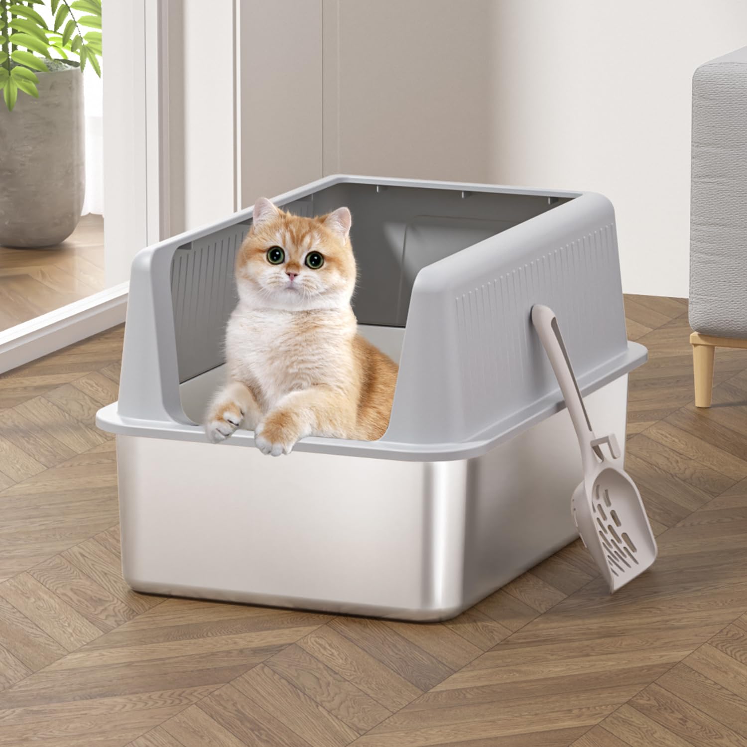 Stainless Steel Cat Litter Box With Lid,Xl,19.7    L X 13.8    W X 11.8   H Deep,Large Metal Litter Box With High Side,For Small