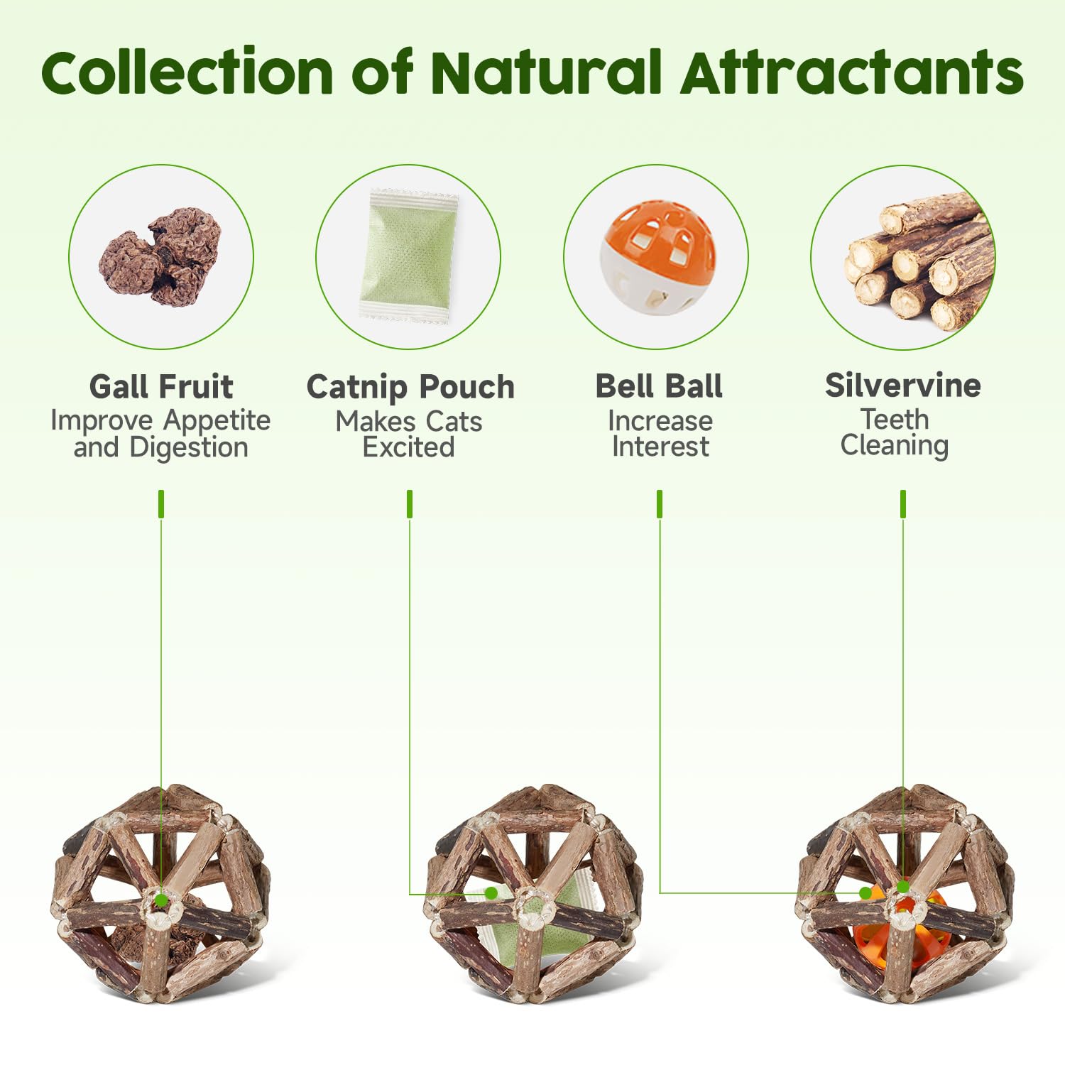 Potaroma Catnip Toys, 3Pcs Cat Toys Natural Silvervine Stick Cage Balls & Bell Ball For Indoor Cats, Kitten Cleaning Teeth Molar Matatabi Cat Chew Toy All Breeds