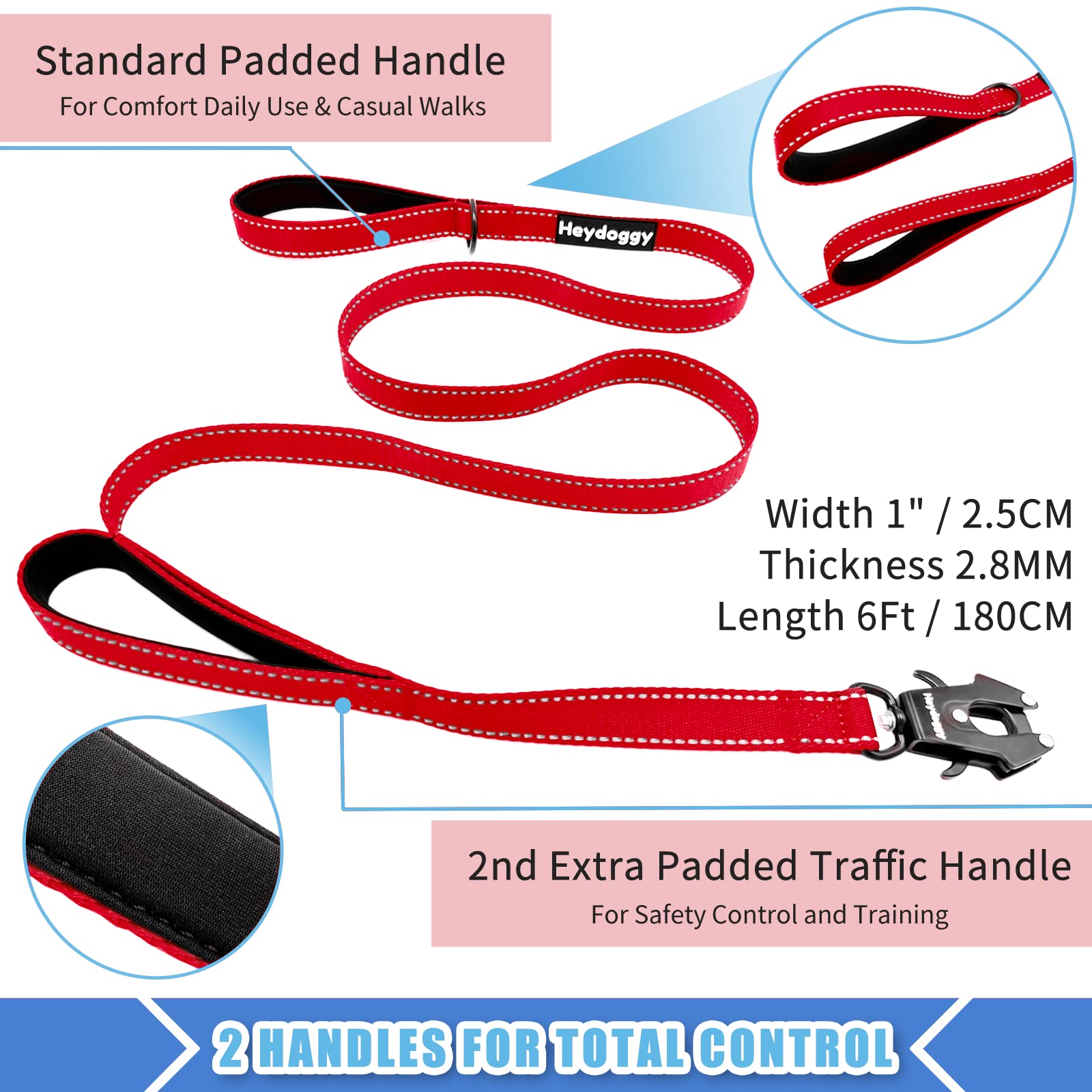 Strong Heavy Duty Dog Leash - 6Ft Reflective Nylon Training Leash With Soft Padded Double Handle & Auto Lock Frog Clip - Safety Traffic Control For Large Medium Small Dogs No Pull Walking (Red,6Ft)