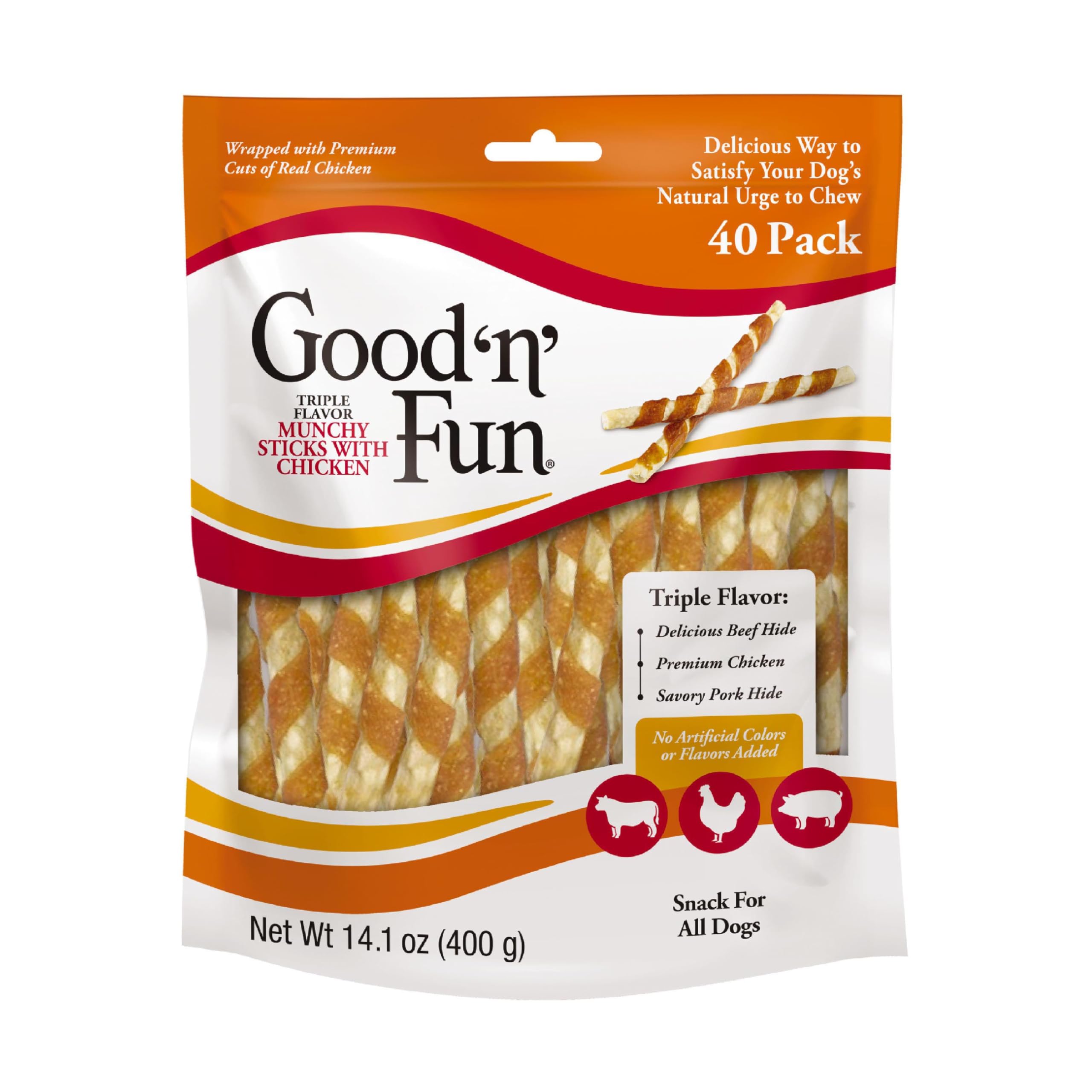 Good n Fun Triple Flavor Munchy Sticks Chews for Dogs, 40 Count, Snack for All Dogs Made with Beef Hide, Chicken and Pork Hide