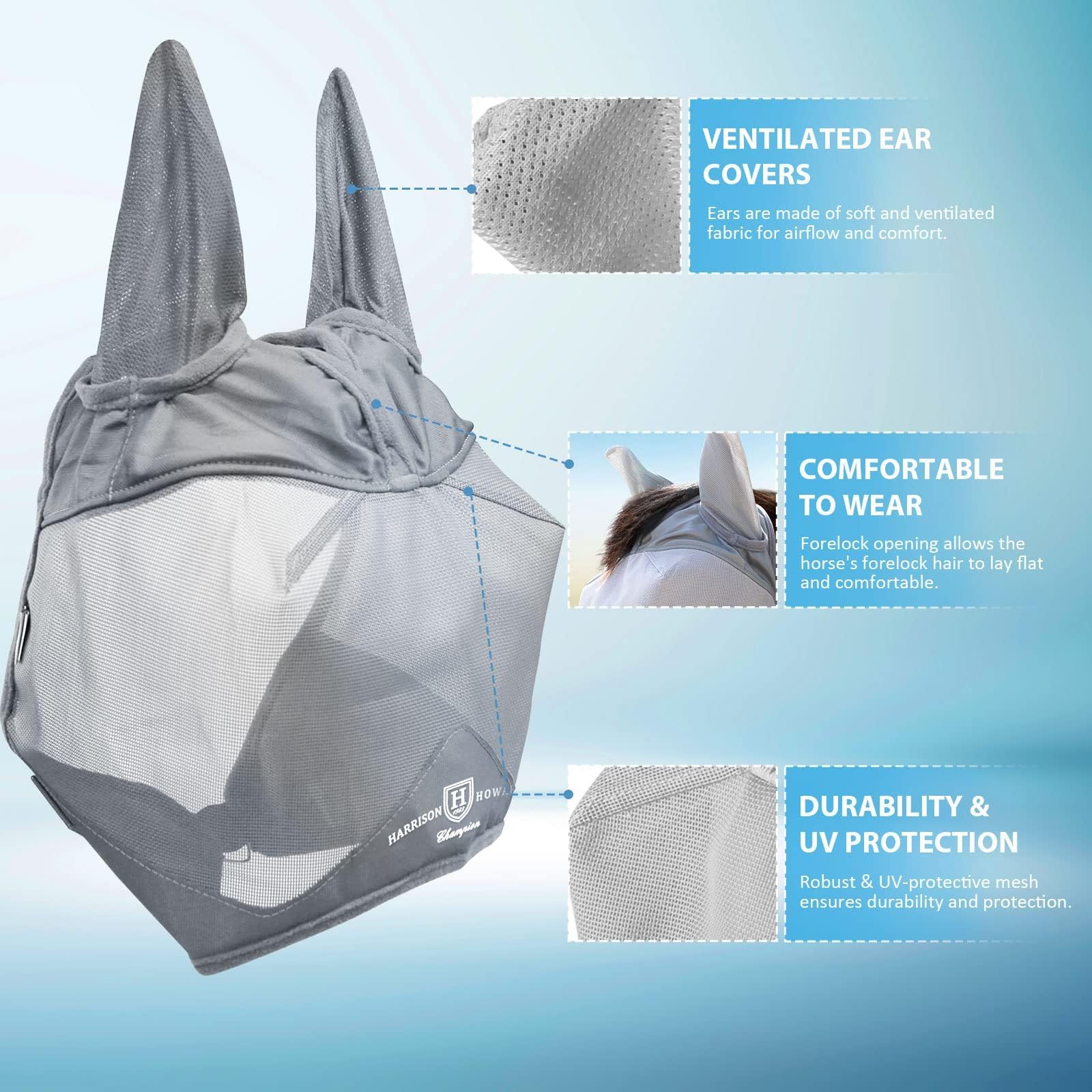 Harrison Howard UV-proof Multi-Function Fabrics Thick Fleece Padding Horse Fly Mask Half Face with Ears Original Grey Arabian Me