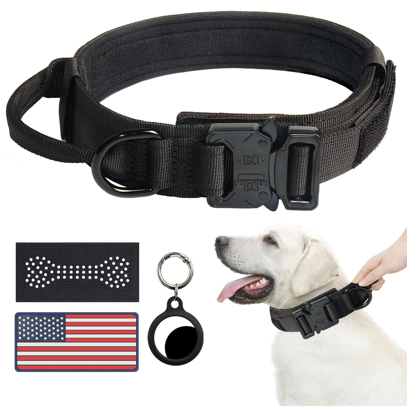 Hotsky Tactical Dog Collar, Adjustable Military Training Nylon Airtag Collar with Handle and Heavy Duty Metal Buckle for Medium 