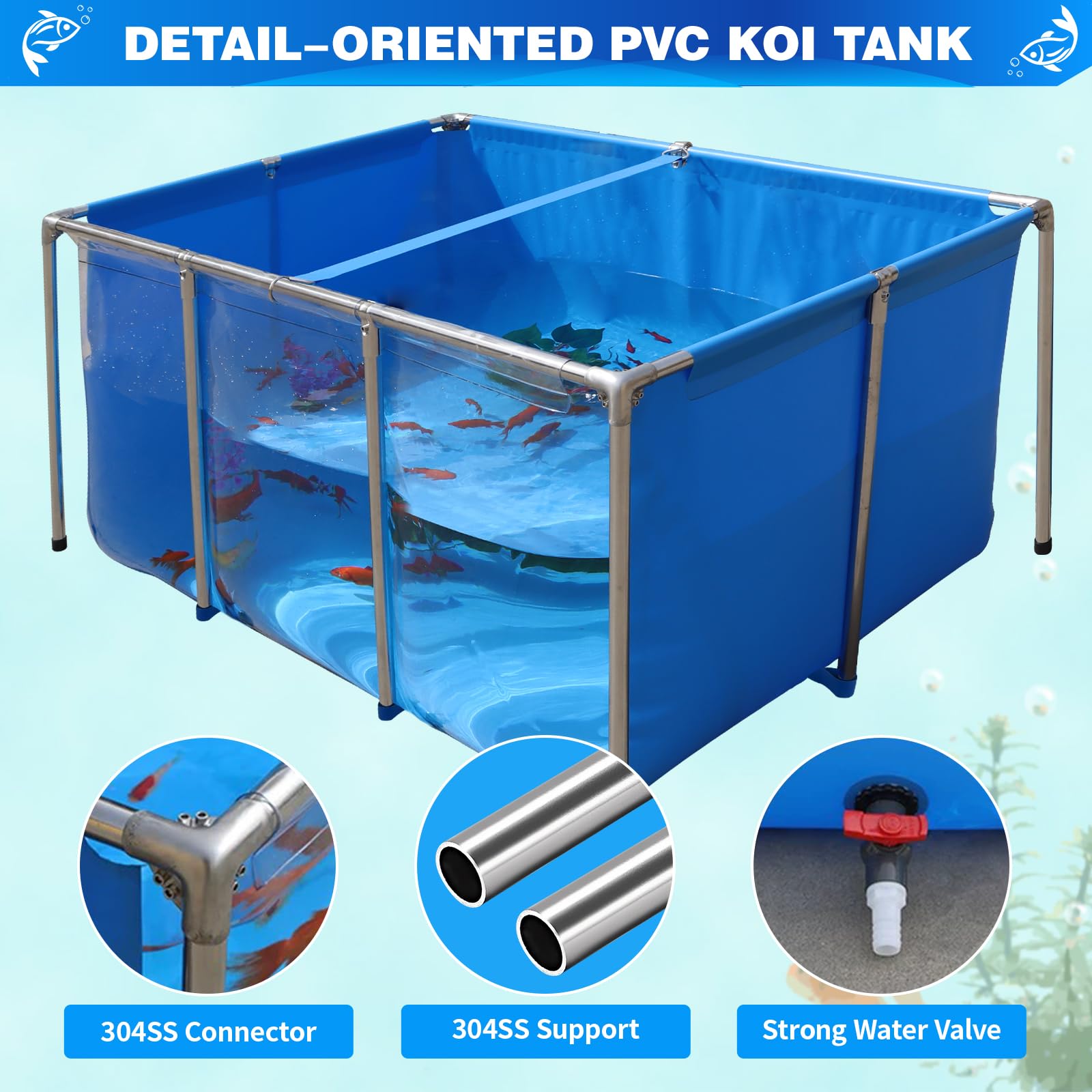 Pvc Koi Aquarium Tank, Temporary Fish Tank With Clear Viewing Panel, Koi/Goldfish Pond With 304Ss Frame & Drain Valve(59.0'' L*3