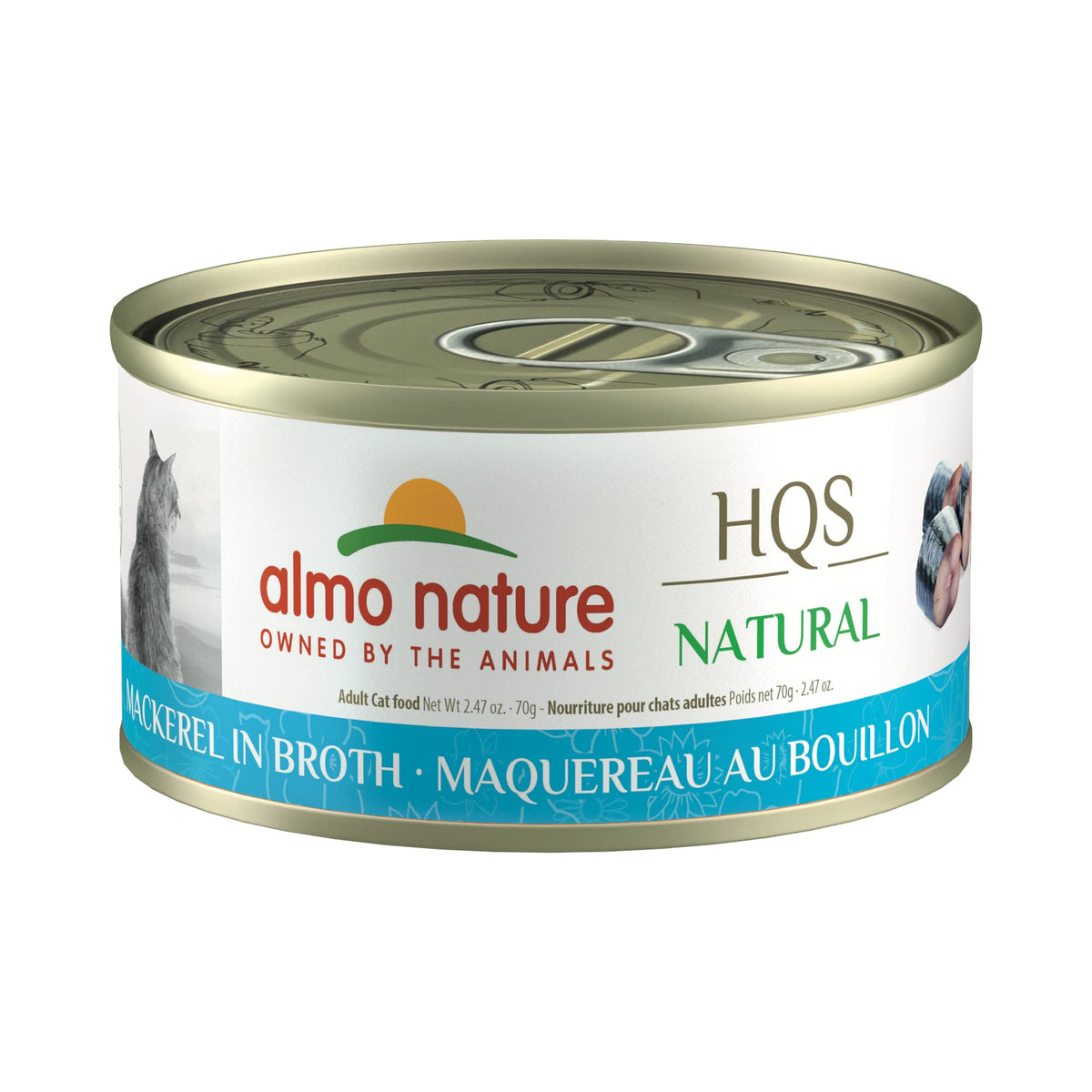 Almo Nature Hqs Natural Mackerel In Broth, Grain Free, Additive Free, Adult Cat Canned Wet Food, Shredded, 24 X 70G/2.47 Oz