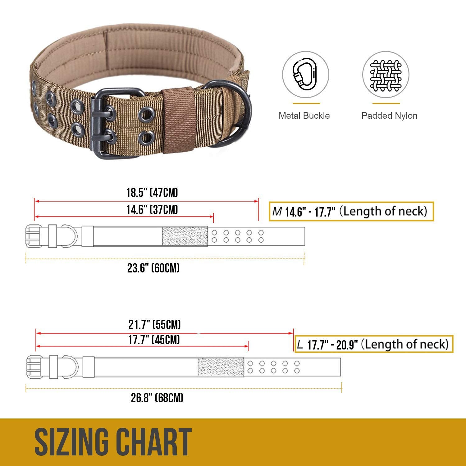 OneTigris Military Adjustable Dog Collar with Metal D Ring & Buckle 2 Sizes (Coyote Brown, L)