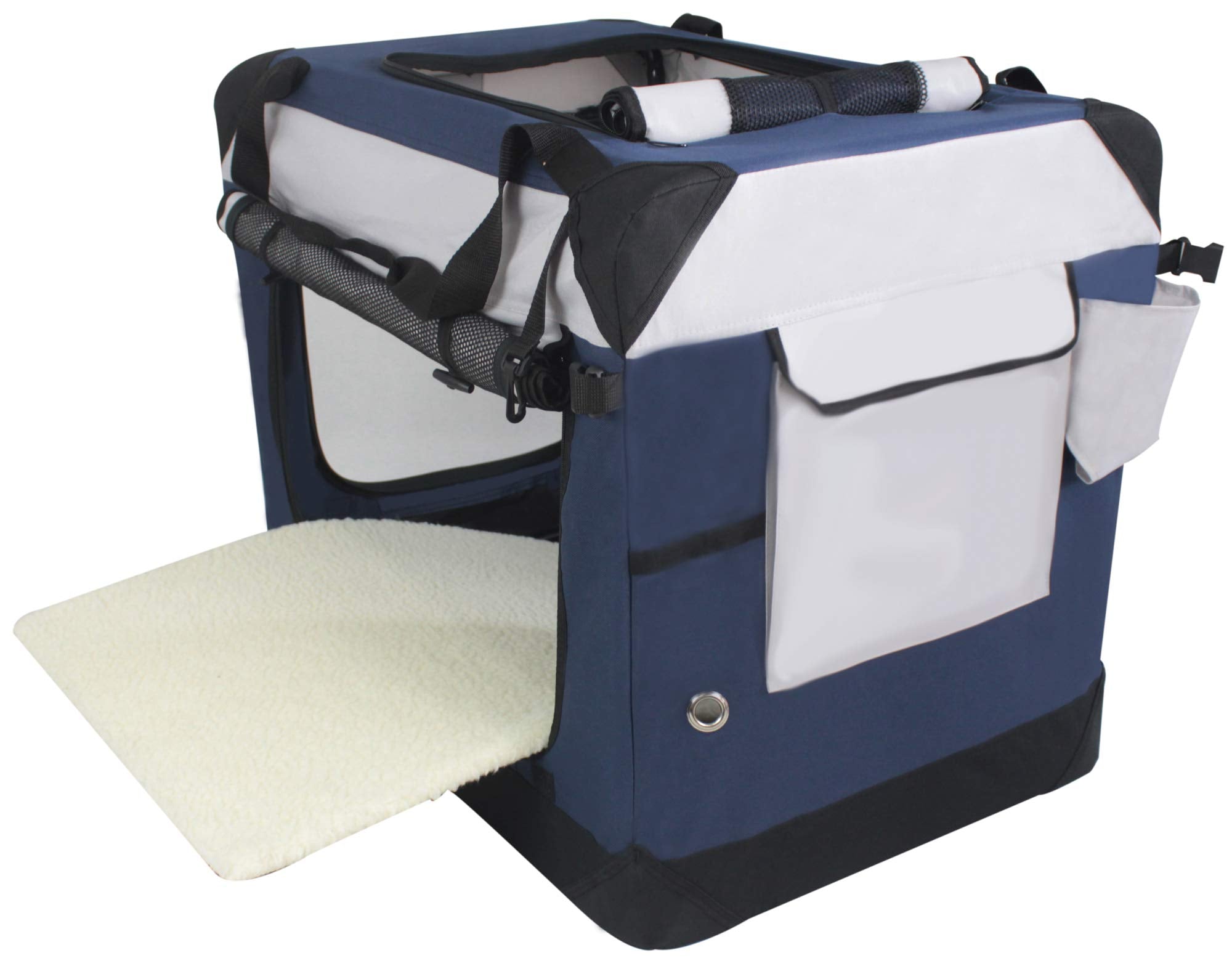 EliteField 4-Door Folding Dog Crate, Indoor & Outdoor, 20"x14"x14", Navy Blue+Gray, Includes Carrying Bag & Fleece Bed, Model SDC-402