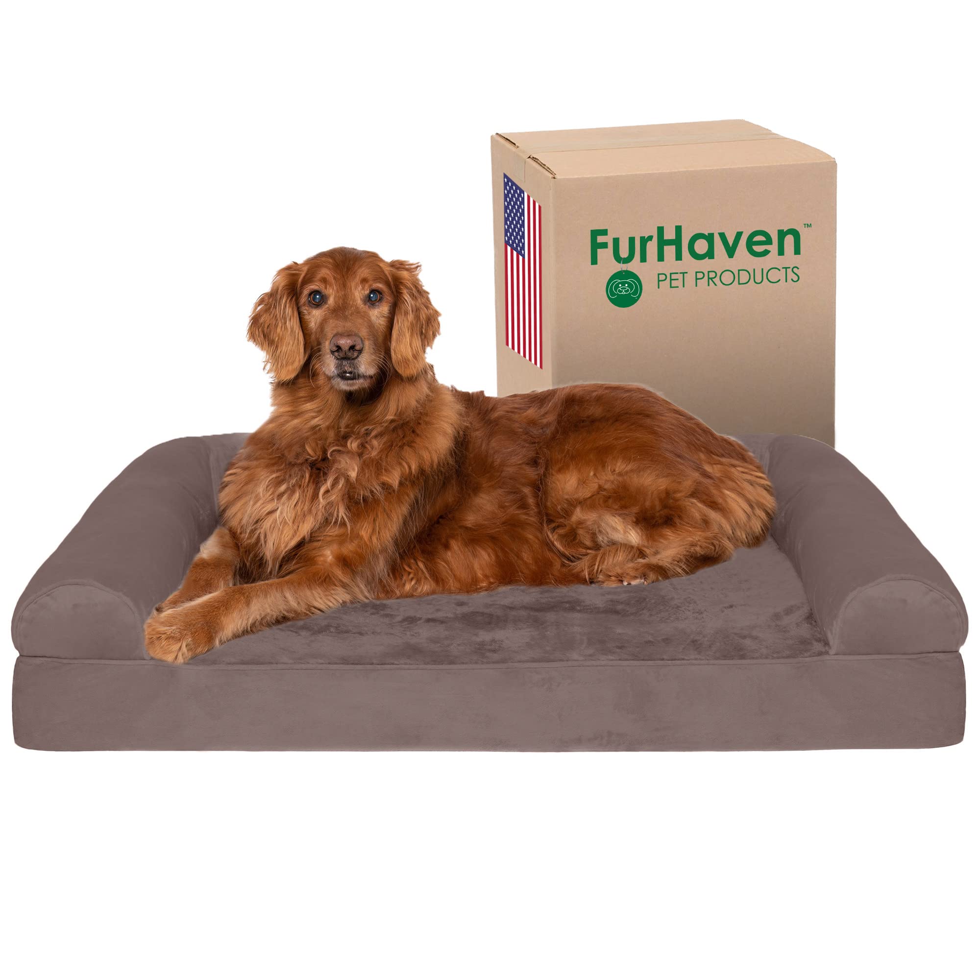 Furhaven Orthopedic Dog Bed For Large Dogs W/ Removable Bolsters & Washable Cover, For Dogs Up To 95 Lbs - Faux Fur & Velvet Sofa - Driftwood Brown, Jumbo/Xl