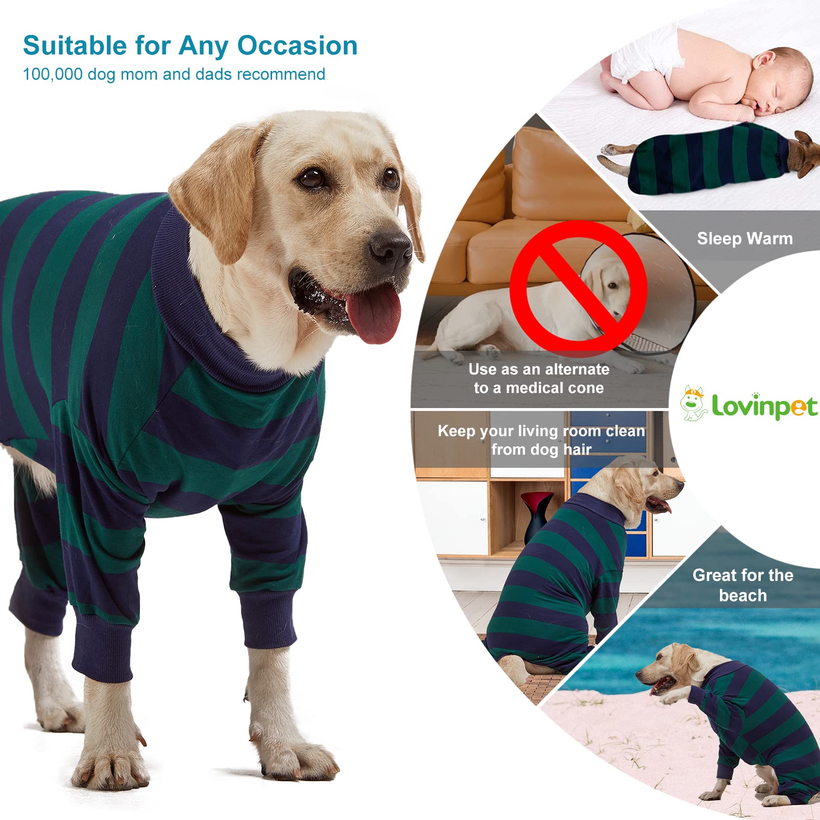 Lovinpet Large Dog Pajamas Bodysuit - Lightweight Stretchy Knit Pullover Dog Onesie, Green And Black Stripe Print Dog Shirt, Uv
