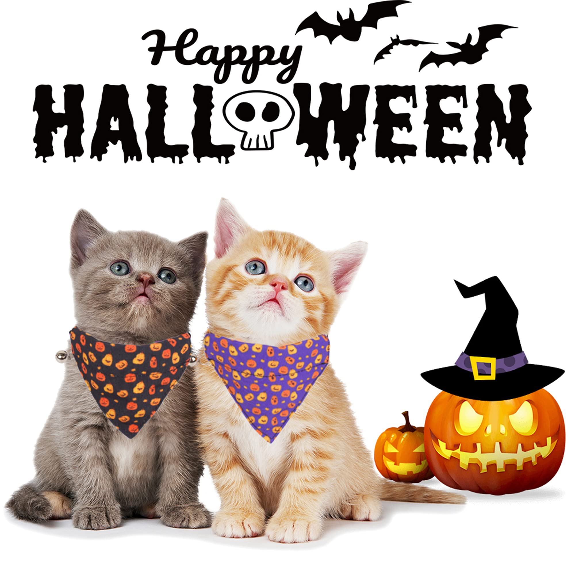 Adoggygo Halloween Cat Collars Breakaway With Bell, 2 Pack Adjustable Cat Collar With Removable Bandana, Pumpkin Pattern Cat Ban