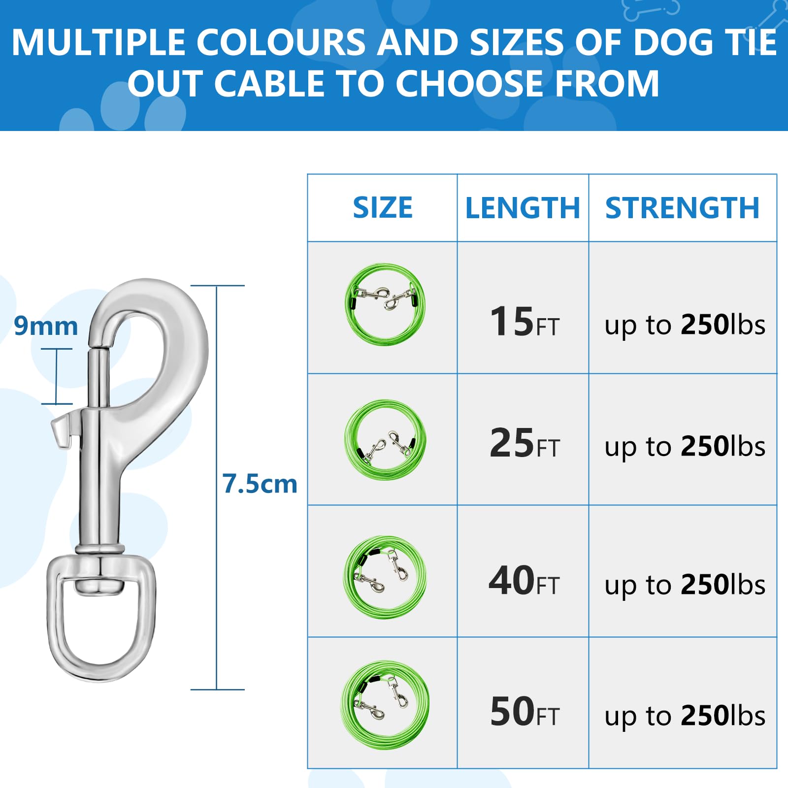 50Ft Dog Lead Up To 250 Pounds - Heavy Duty Dog Runner For Yard, Outdoor And Camping, Green