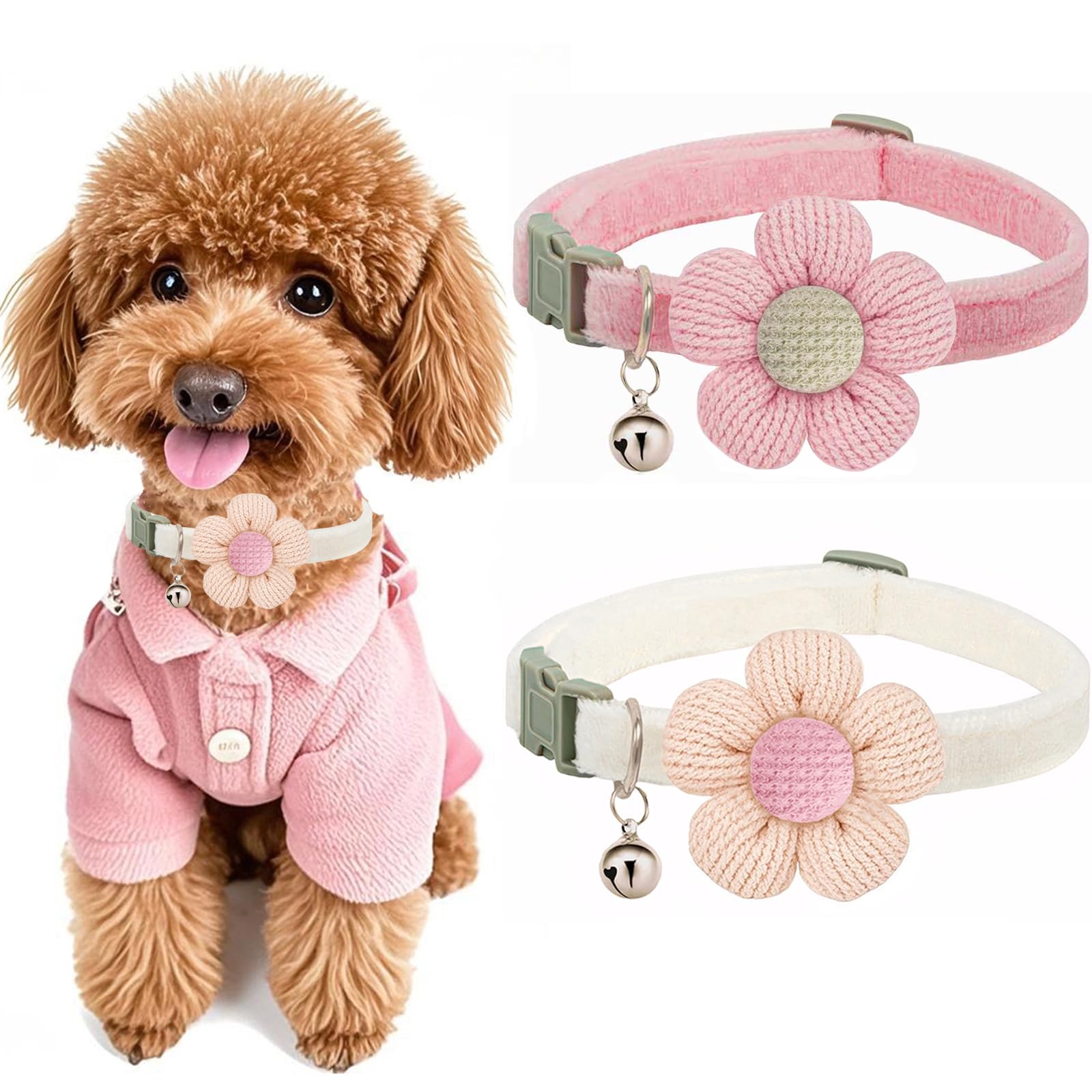 Puppy Collars For Litter, Small Dog Collar With Flower, Xs Dog Collars For Small Dogs With Bell For Girl Boy Little Dog (Pink + 