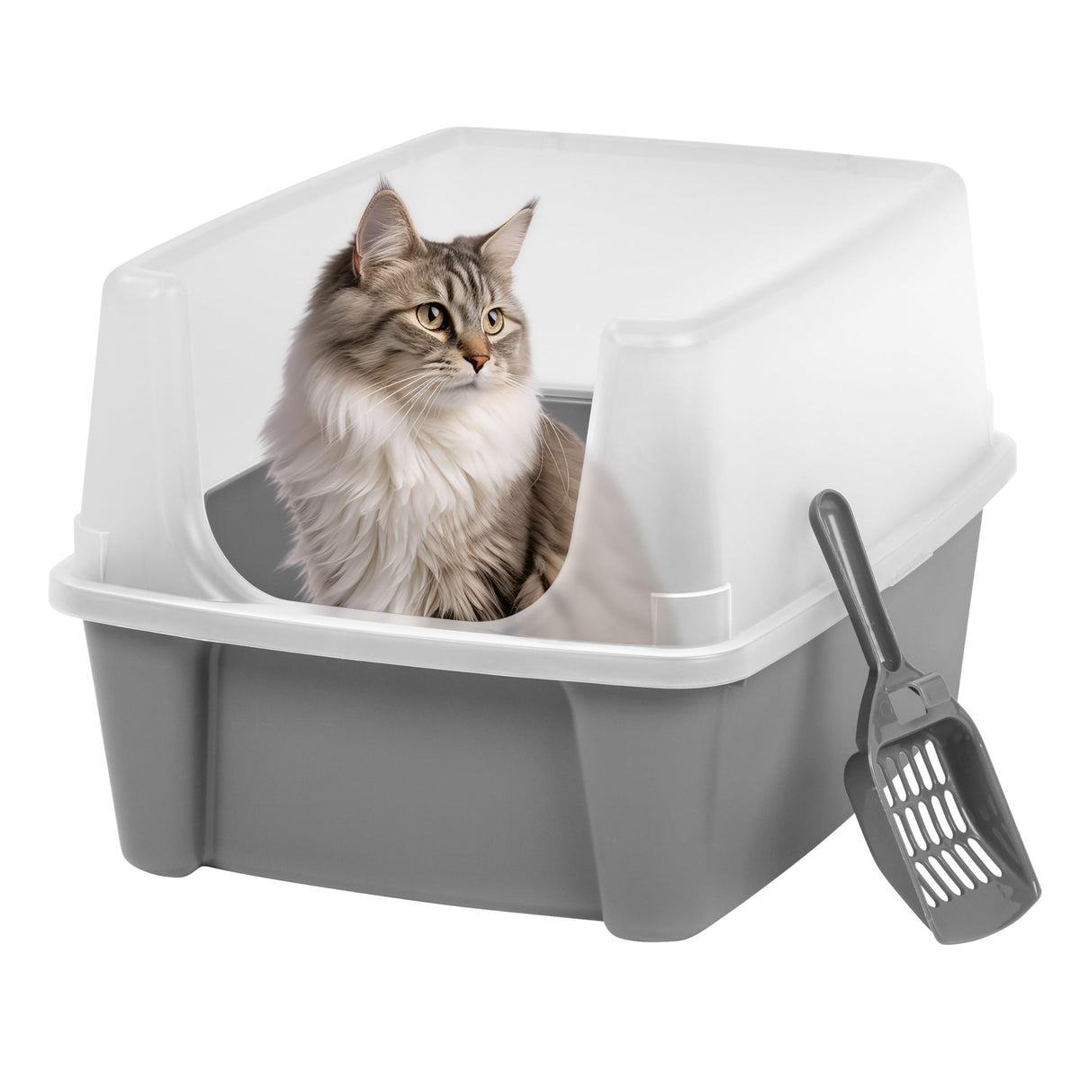 Iris Usa Large Cat Litter Box With Scatter Shield And Scoop, Open Top High Sided Cat Litter Pan, Gray/Clear