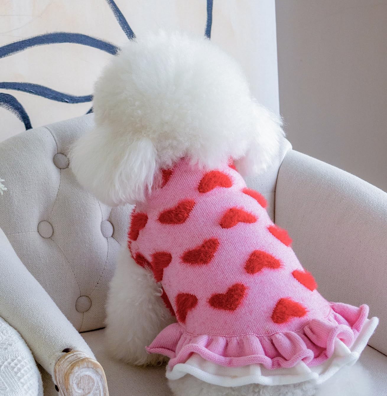 Cutebone Fancy Pink Dog Sweater Dress, Soft And Stretchy Dog Clothes For Small Dogs Girl, Pink Heart Puppy Sweater Pullover Ruff