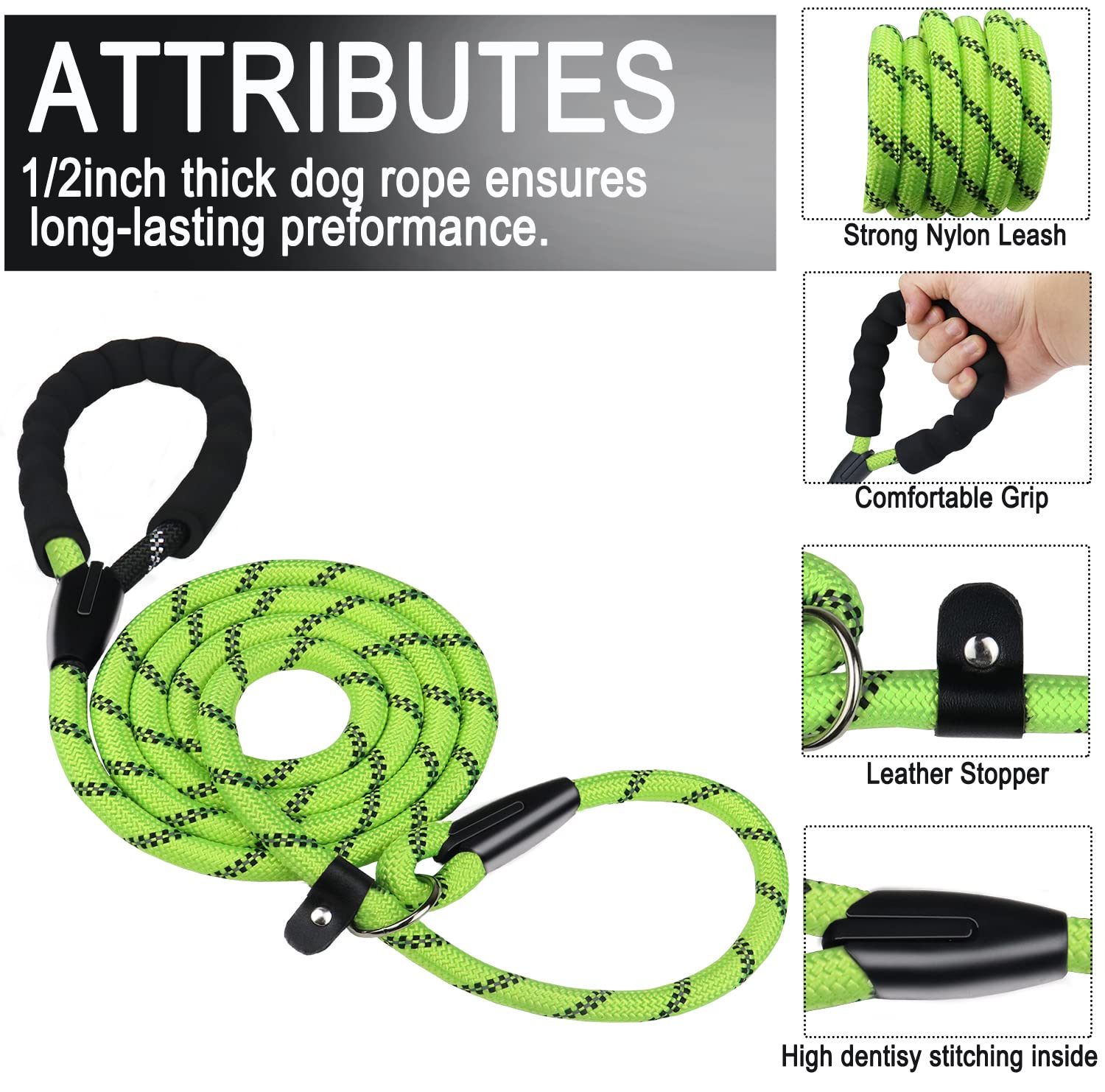 6 Ft Dog Leash, Heavy Duty Rope Dog Leashes, Strong Training Dogs Leash With Comfortable Padded Handle And Highly Reflective Thr