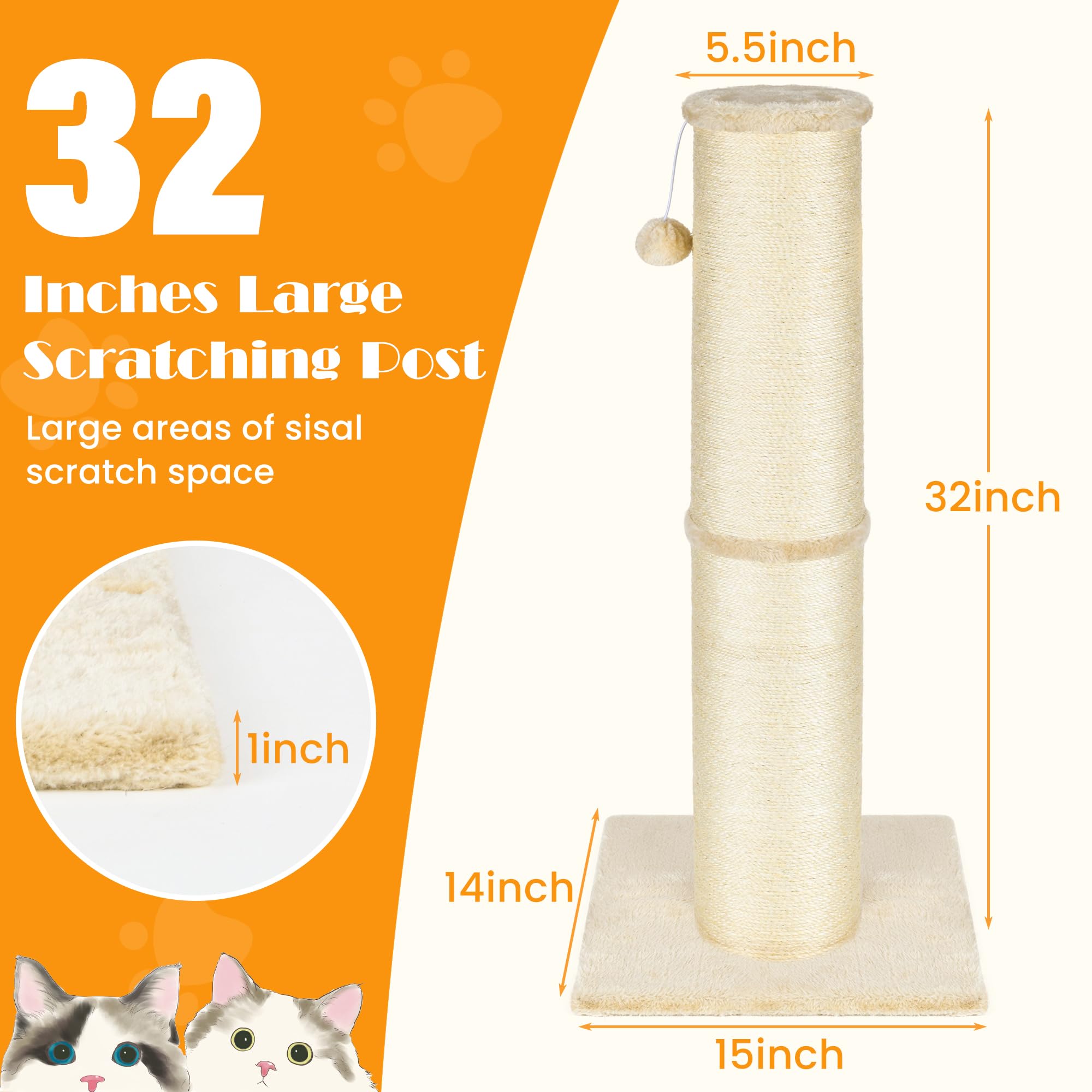 Pawscrat Cat Scratching Post 32 Inch High, 5.5 Inch Large Diameter Natural Sisal Cat Scratch Post, Scratch-Resistant And Durable