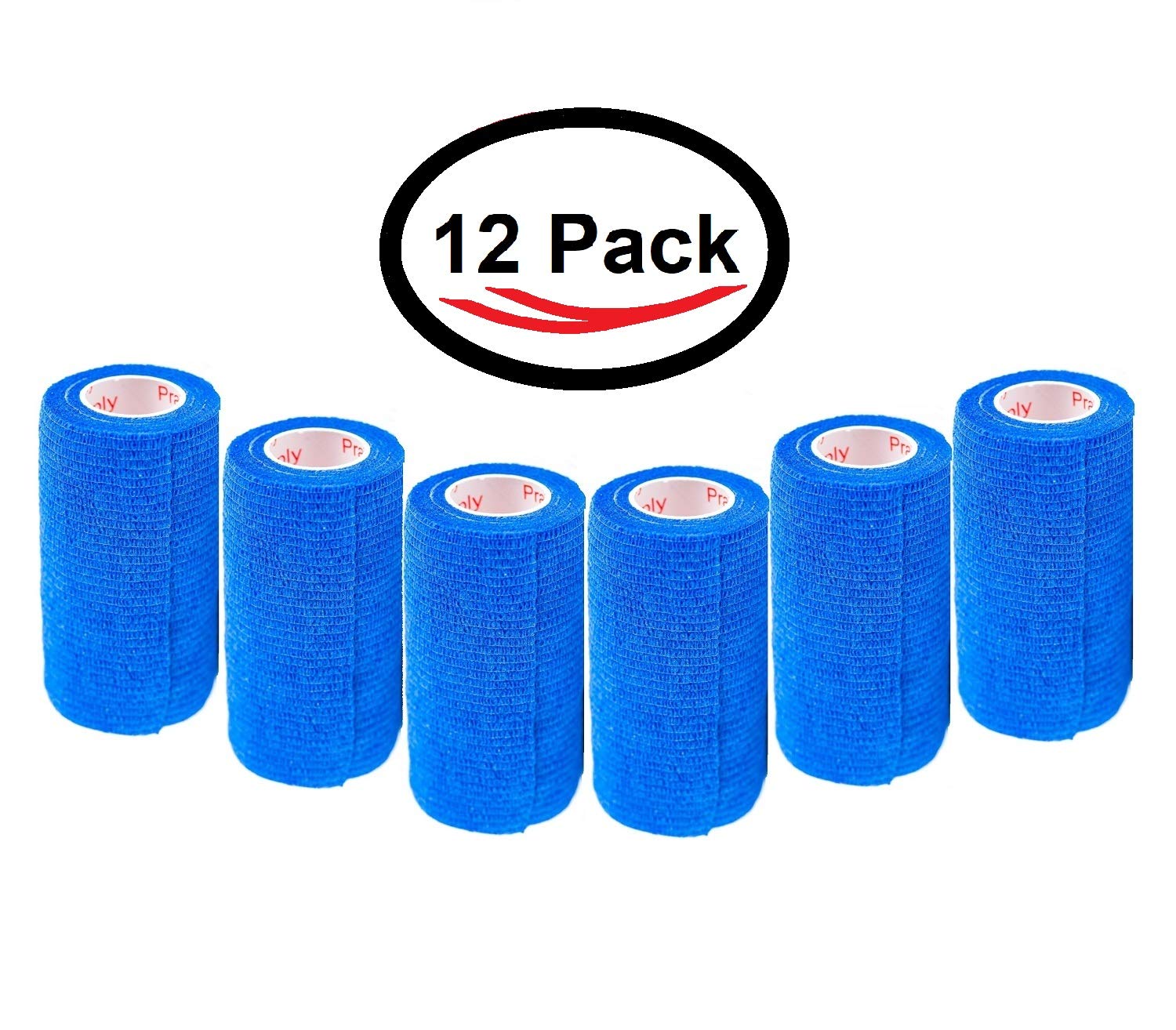4 Inch Vet Wrap Tape Bulk (Blue) (Pack Of 12) Self Adhesive Adherent Adhering Flex Bandage Grip Roll For Dog Cat Pet Horse