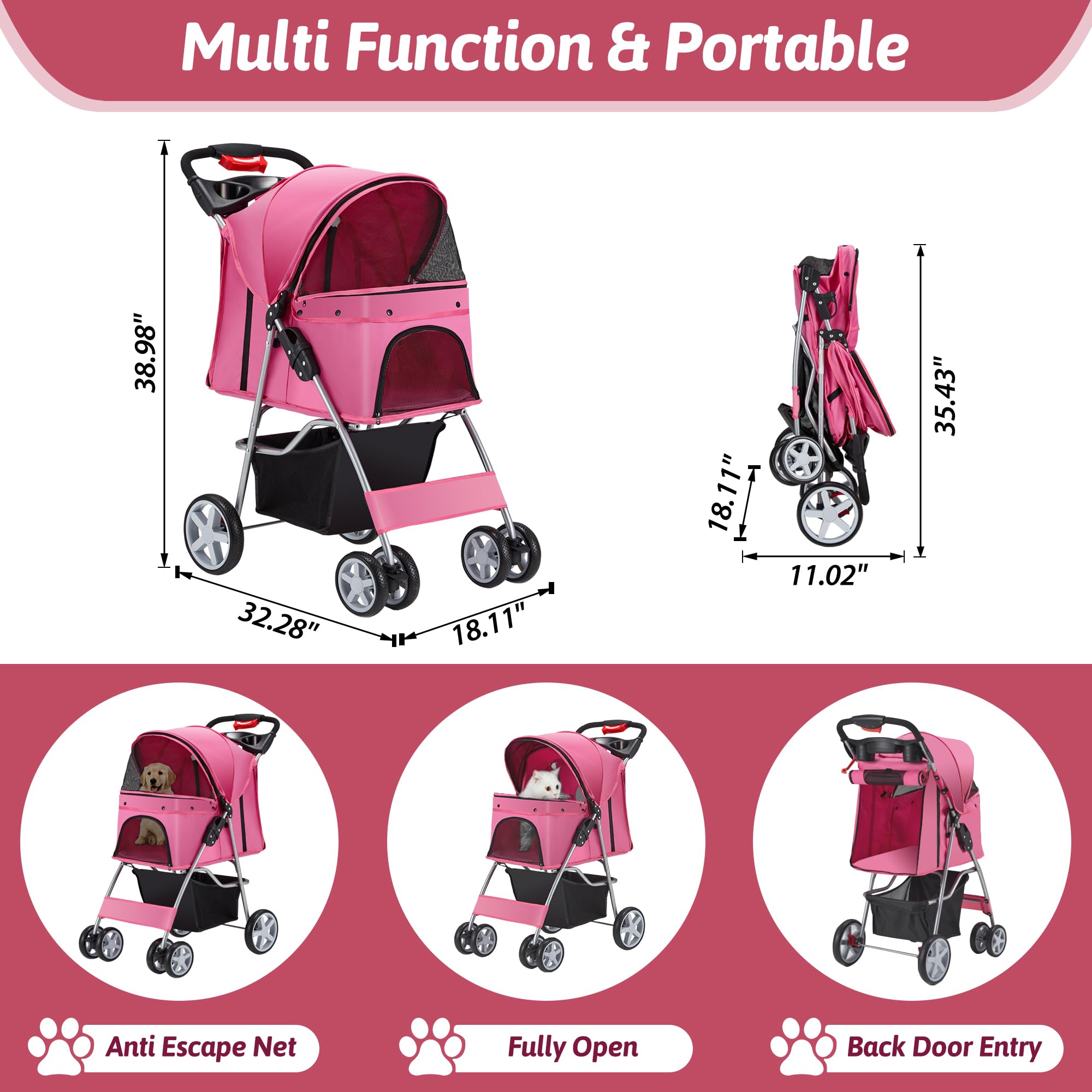 Azaeahom Pet Stroller, 4 Wheels Pet Strolling Cart For Medium/Small Dogs And Cats, Foldable Cat Jogger/Dog Stroller With Cup Hol