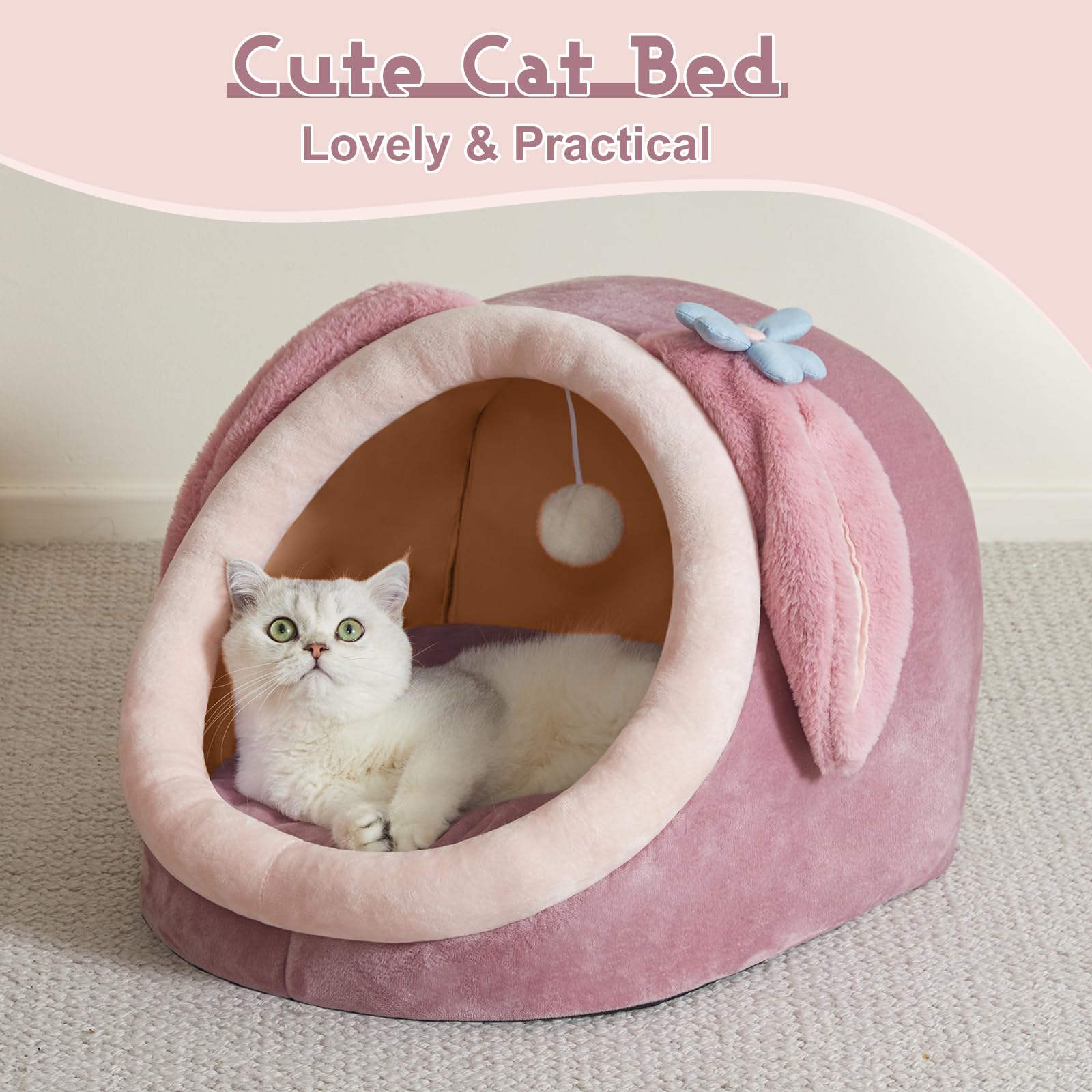 Jiupety Cute Cat Bed For Indoor Cats, Warm Soft Cave Fit For Many Cats And Puppy, Pink Rabbit, L