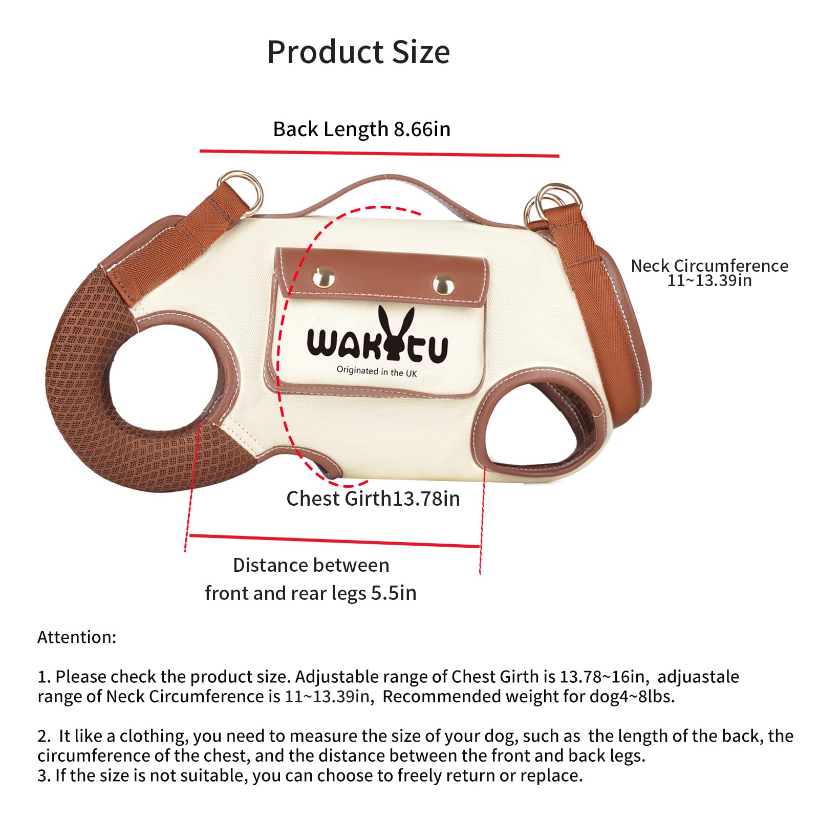 Wakytu Dog Lift Harness Dog Carrier VES Harness Adjustable Leash with Small Puppy Treat Bag,Fits Most Cars,S,4-8 LBS
