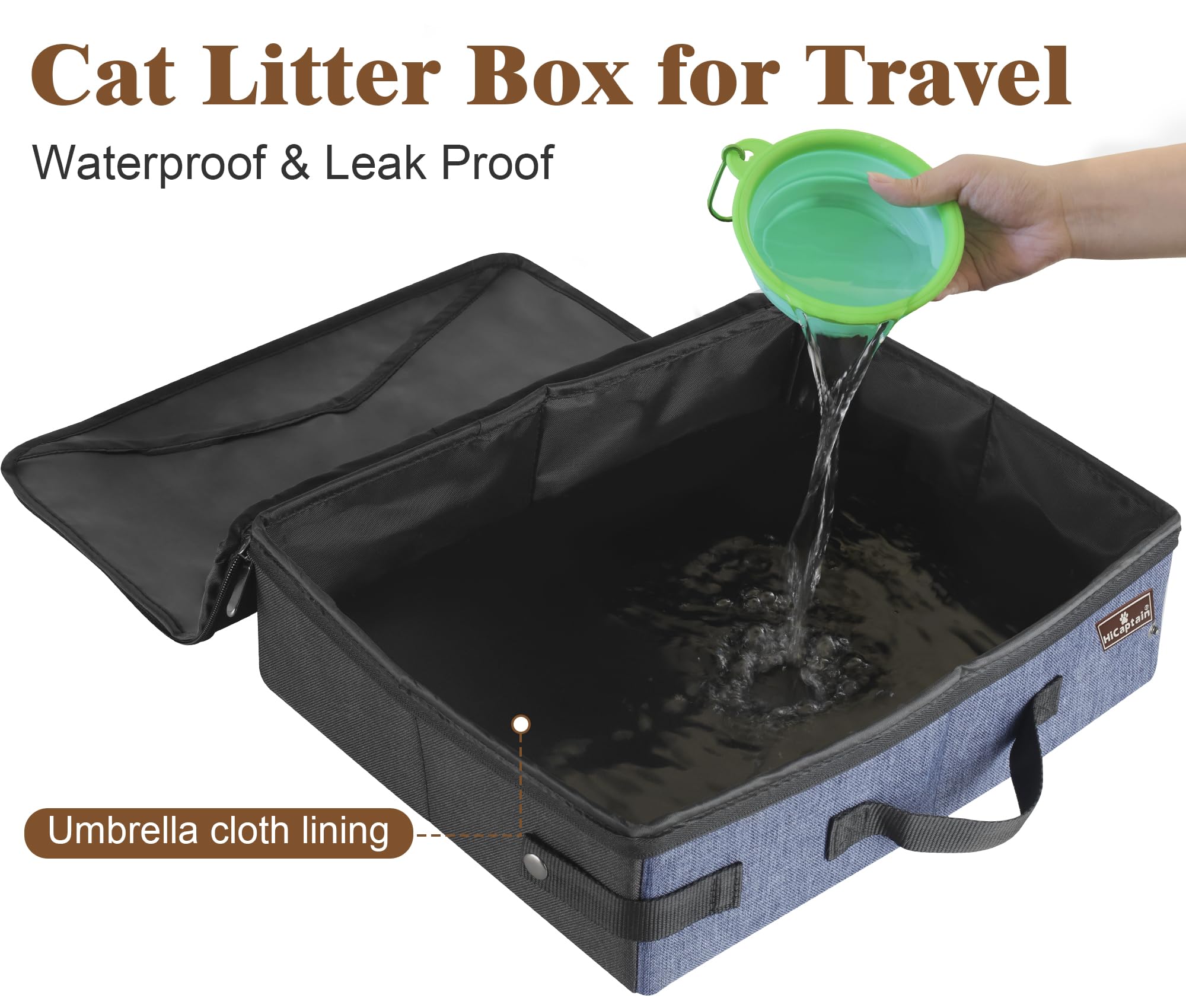 Hicaptain Portable Travel Litter Box, Foldable Cat Litter Box With Lid And Handle Standard Lightweight Collapsible Litter Carrier For Cat Travel(M,Black/Blue)