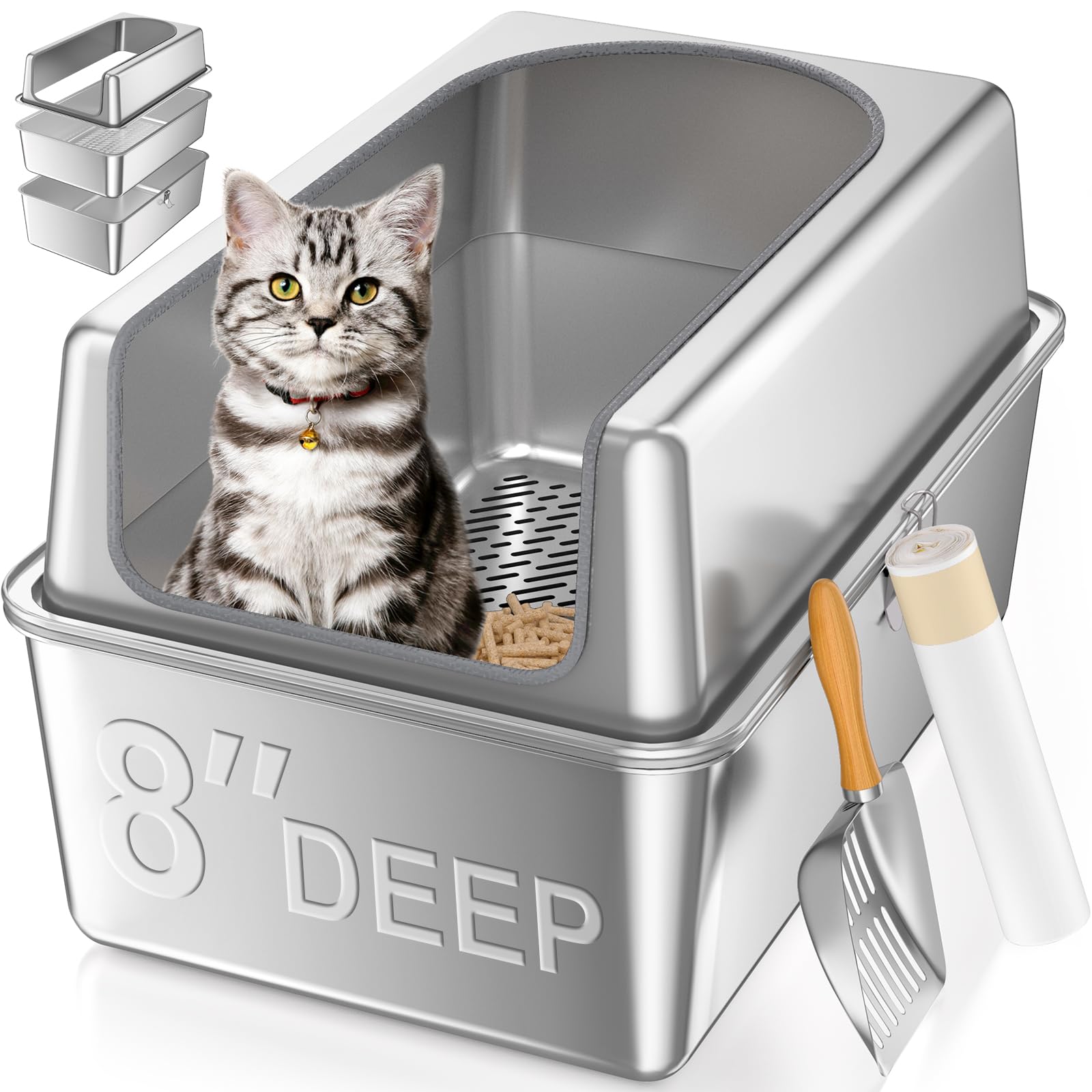 Xxl All Stainless Steel Sifting Litter Box With Lid,Sifting Cat Litter Box For Wood Pine Pellets,High Sides Sifter Litter Pan Sy