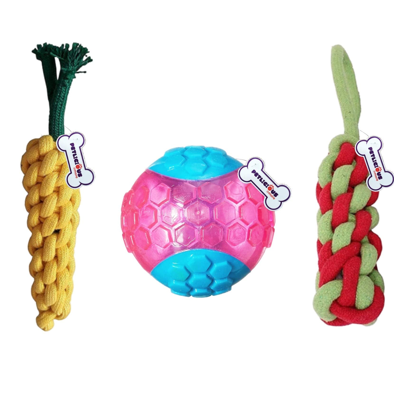 Petlicious & More Durable Cotton Made Carrot Rope Toys Led Teething Ball Dummy Rope Toy For Dogs And Puppies Combo Of 3