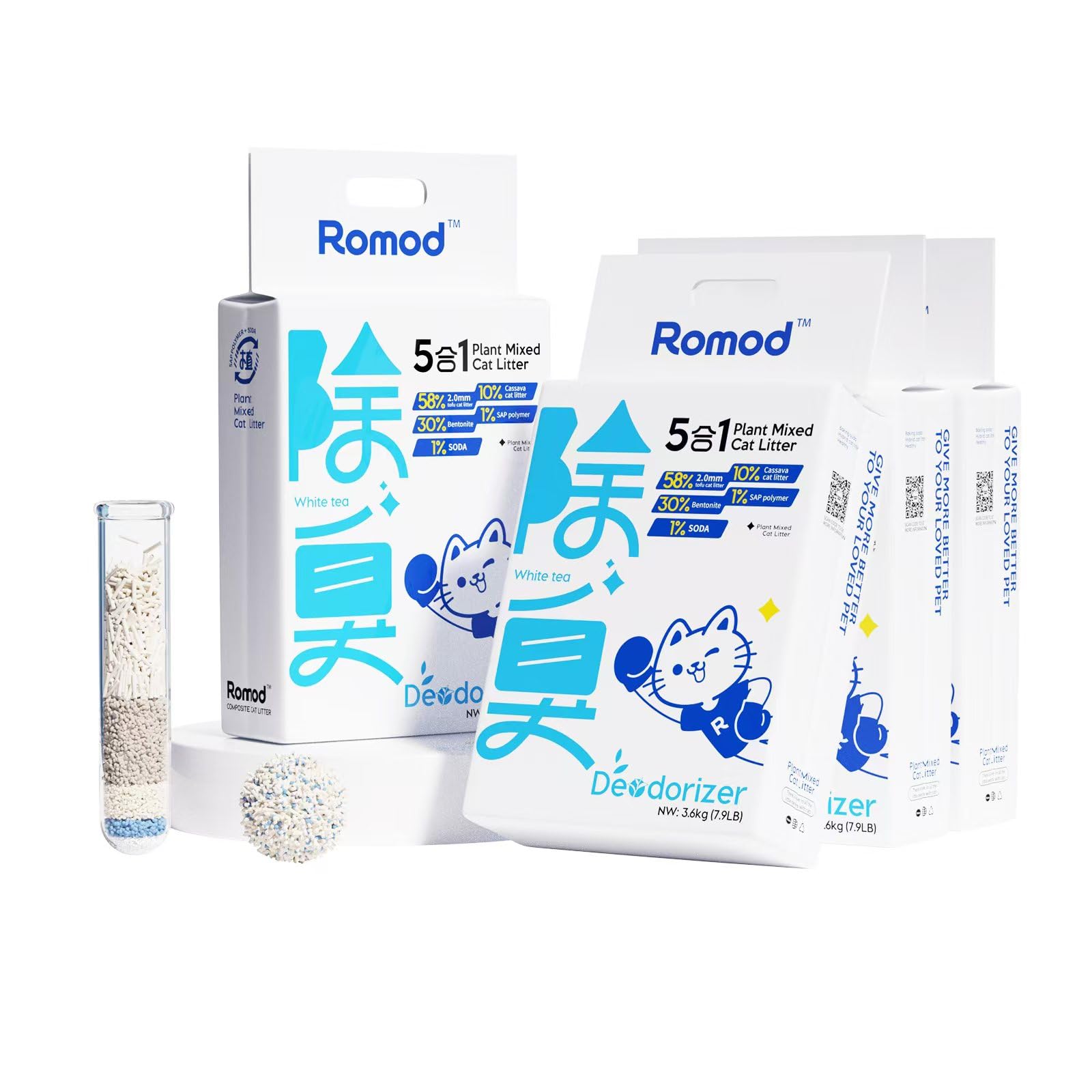 Romod 4Bags 5-In-1 Tofu Cat Litter, Mixed Cassava, Bentonite, Baking Soda, Sap, Natural Plant, Fast Clumping, Strong Water Adsor