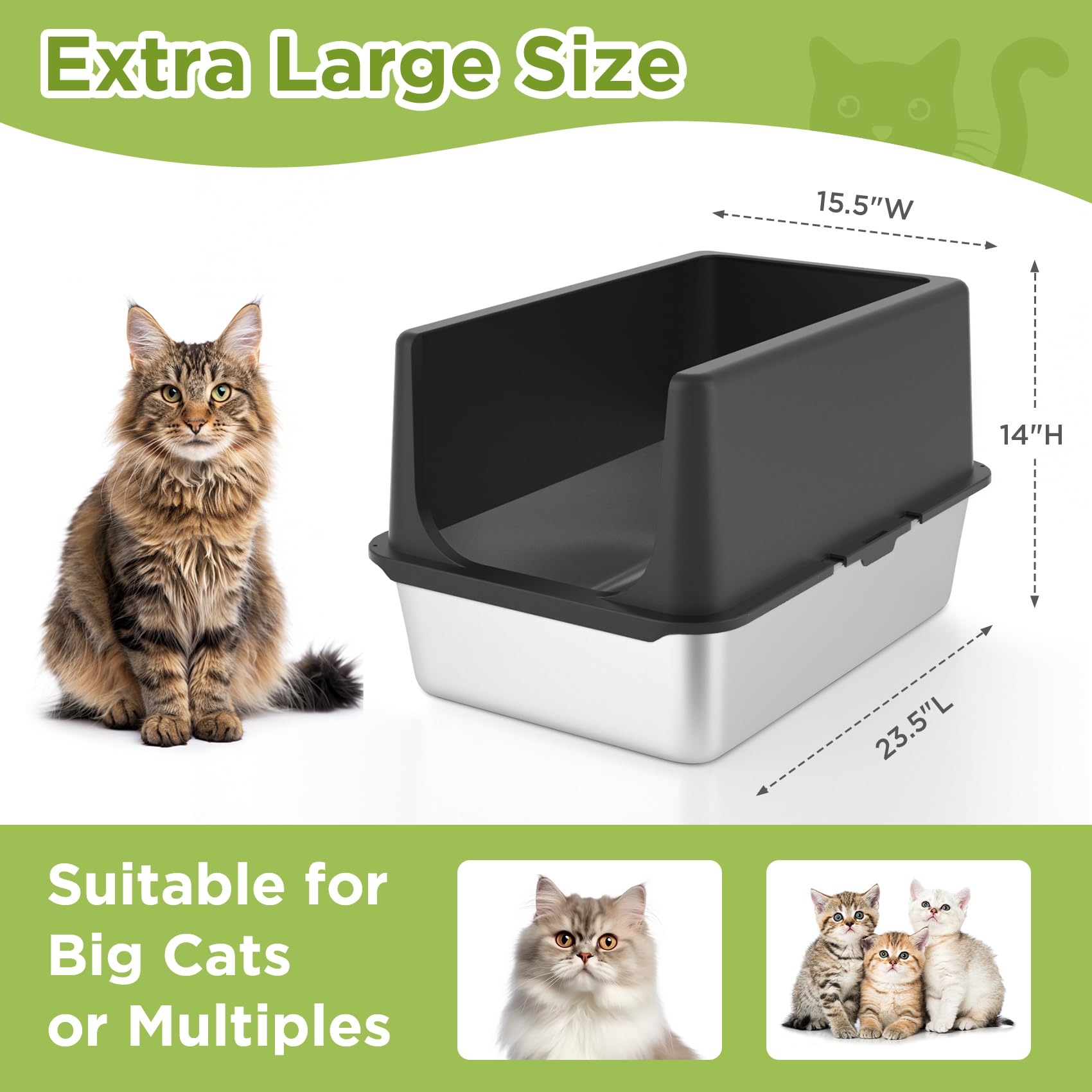 Stainless Steel Litter Box, Large Litter Box With Lid, Splash Proof, Or Rusts, Black (23.5'' L X 15.5'' W X 14'' H)