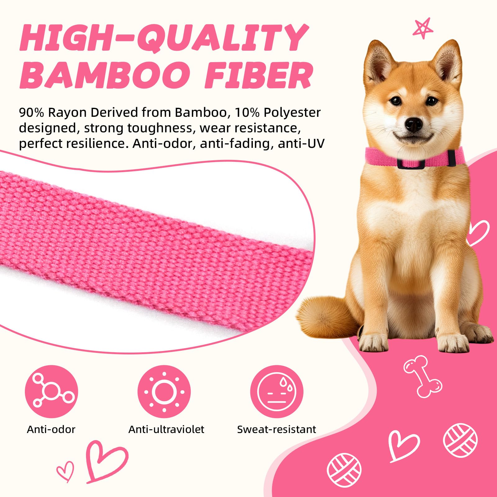 Rose Pink Dog Collar For Large Dog, Breathable, Anti-Odor & Soft, Comfortable For Sensitive Skin Puppies, 90% Bamboo Rayon, Adju
