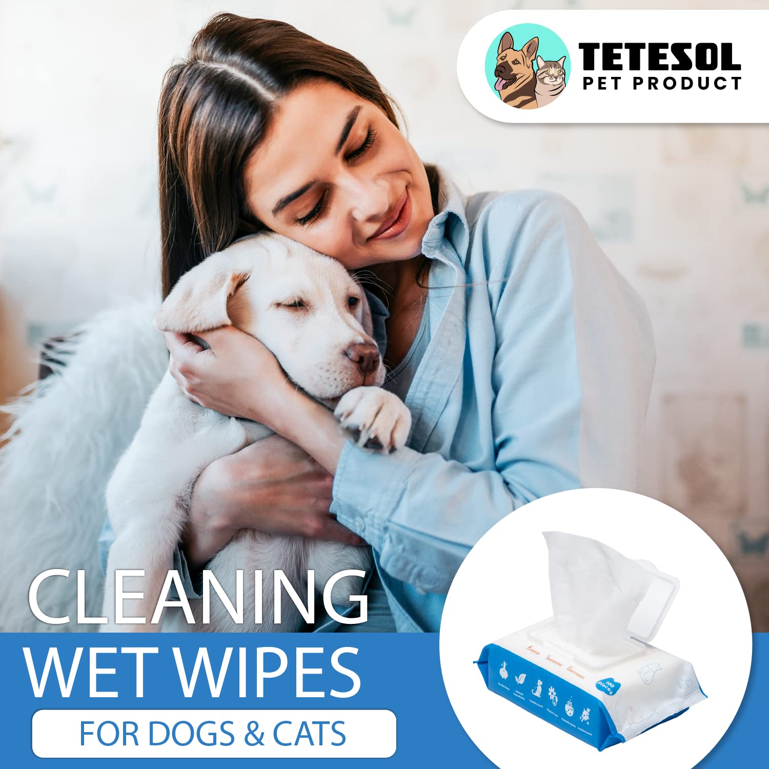 Tetesol Dog Wipes For Pets Cats-100 Count All Purpose Unscented Wet Wipes For Paw Butt Cleaning,Grooming,Alcoholfree,Vitamin E,Ph Balanced