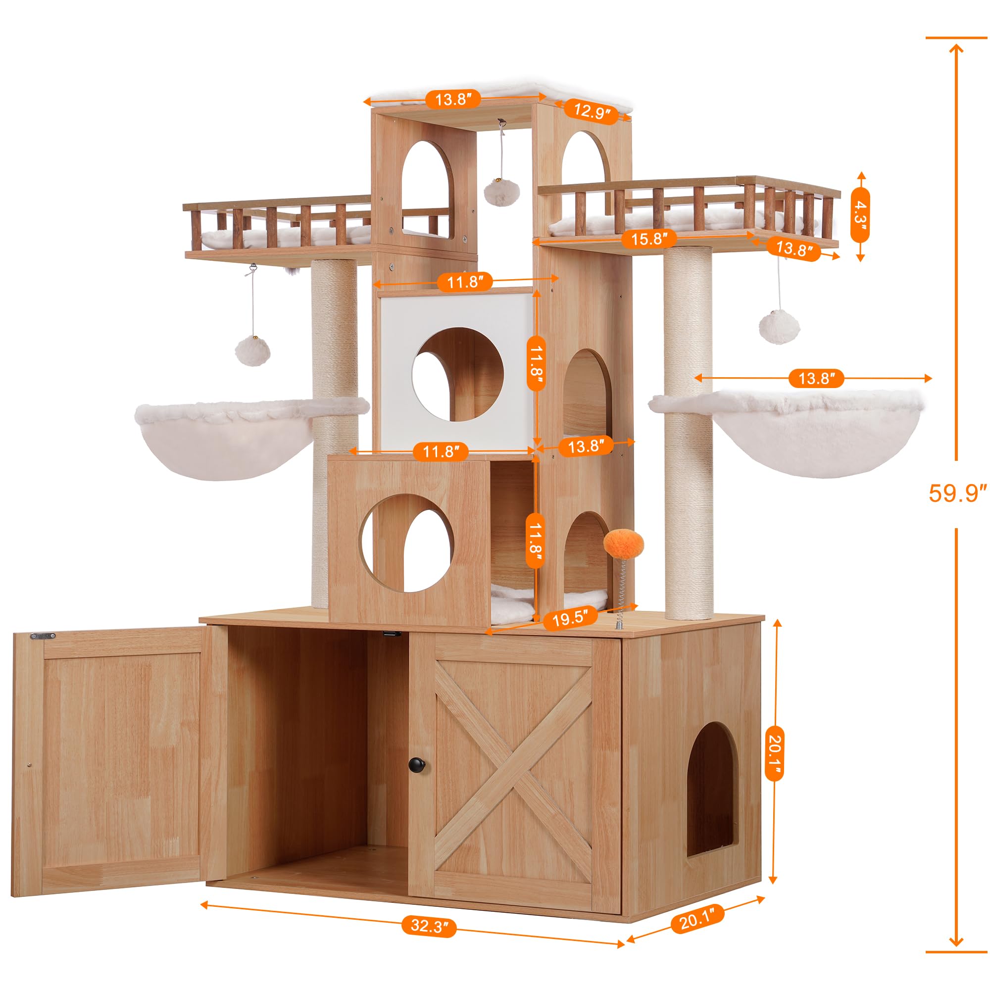 Heybly Cat Tree With Litter Box Enclosure For Indoor Big Cat, Cat Tower For Large Cats 20 Lbs Heavy Duty,Modern Cat Condo Furnit