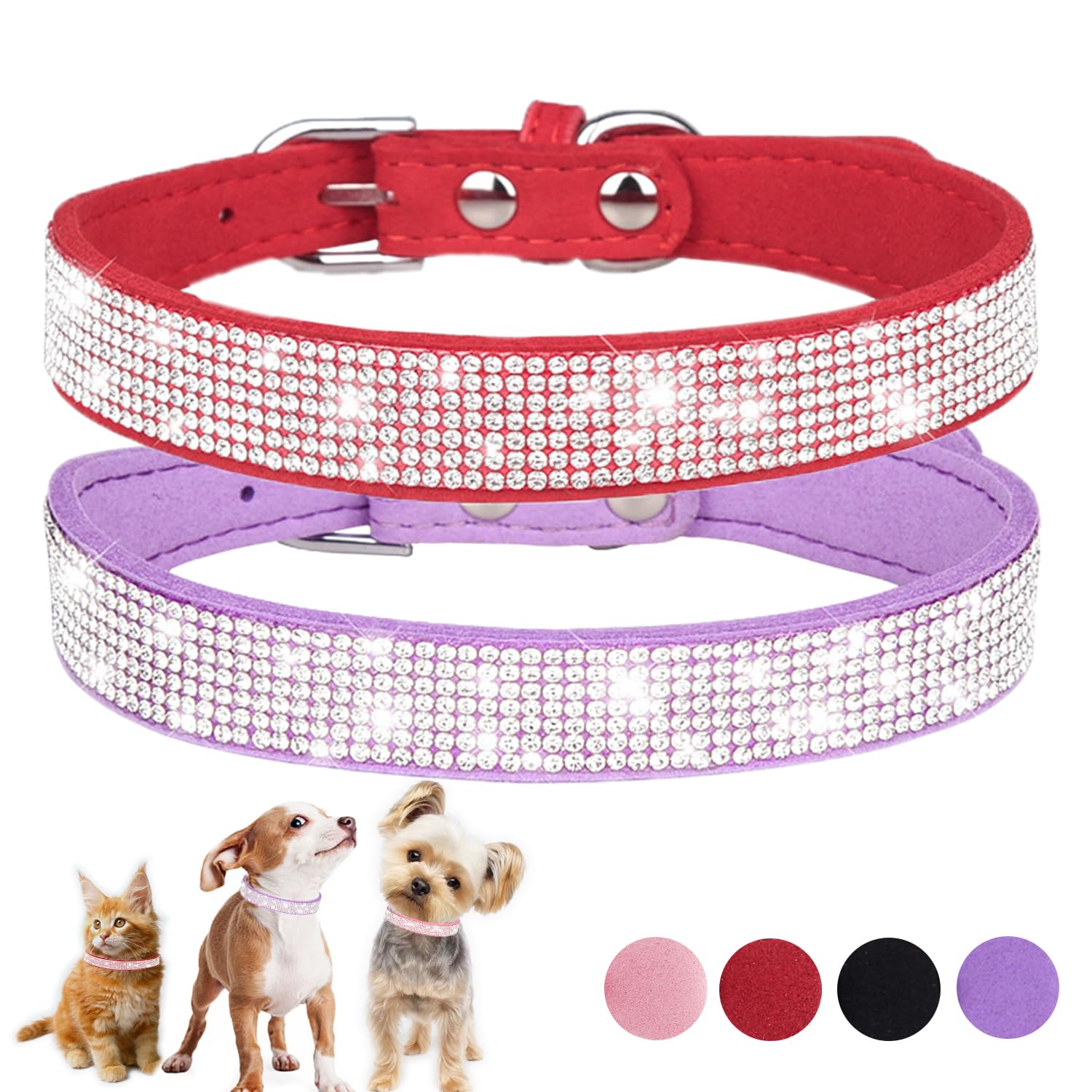 Sparkle Dog Collar Xs, 2-Pack Pink+Purple Bling Diamond Cat Collar Soft Suede Glitter Rhinestone Jewelry Crystal Female Puppy Co