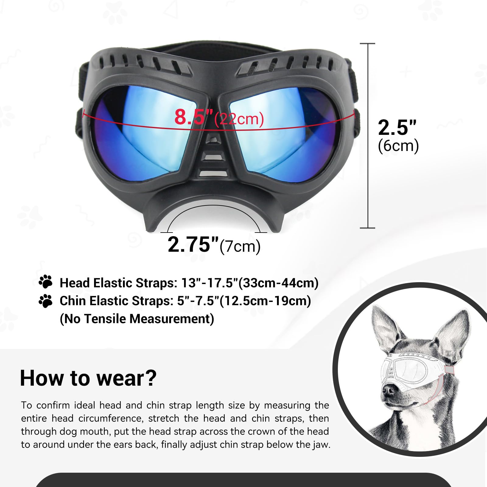 Namsan Dog Goggles For Small Dogs, Wide Nose, Soft Frame, Anti-Uv Tactical Dog Sunglasses Small To Medium Breed, Summer Driving Dog Eye Protection, Winter Snow Eyewear, Adjustable, Blue Lens