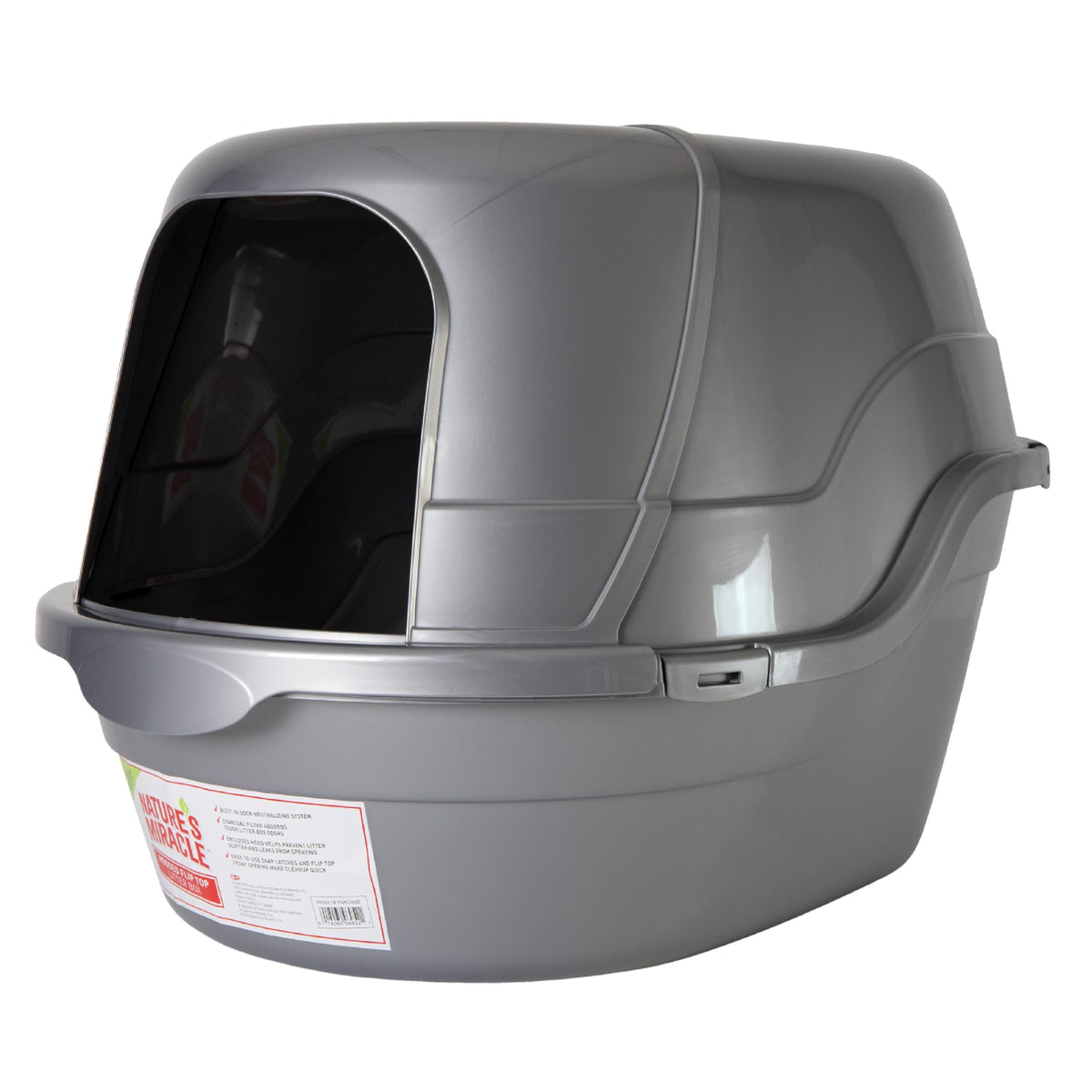 Nature'S Miracle Hooded Flip Top Litter Box, Oval, With Odor Control, Silver/Grey (P-96952)