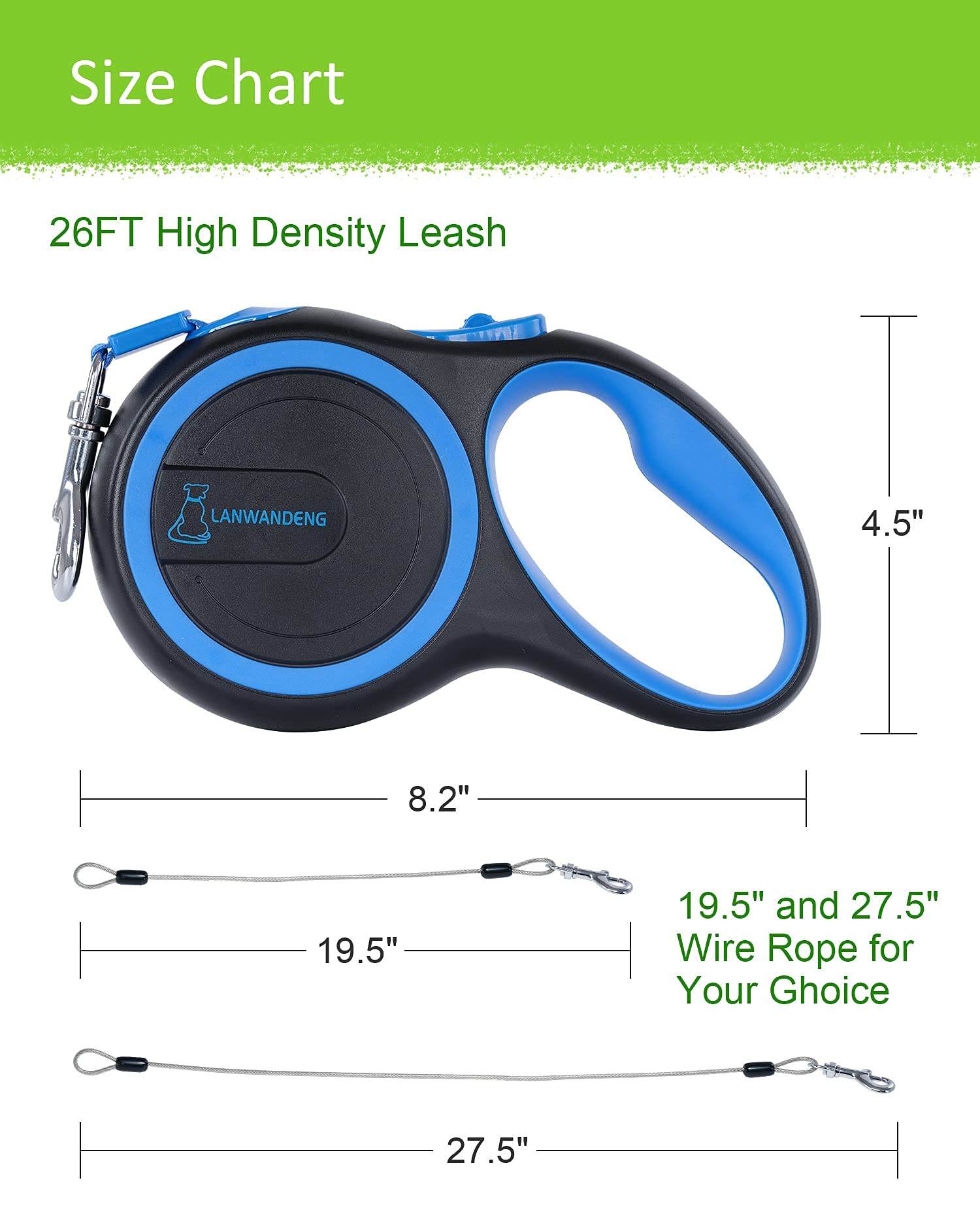 26Ft Chew Proof Retractable Dog Leash With 2 Heavy Duty Anti-Chewing Wire Ropes, 360 Tangle-Free Dog Lead With Anti-Slip Handle