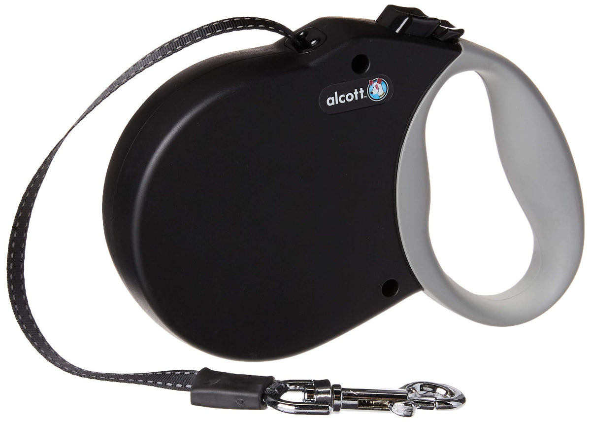 Alcott Adventure Retractable Reflective Belt Leash, 16' Long, Small For Dogs Up To 45 Lbs, Black With Grey Soft Grip Handle,Rlsh
