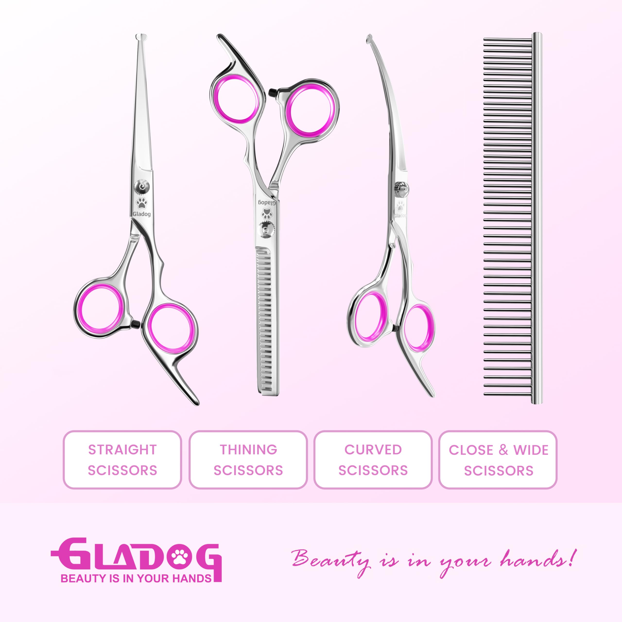 Gladog Professional 5 In 1 Dog Grooming Scissors Set With Safety Round Tips, Sharp And Heavy-Duty Pet Grooming Shears For Cats (