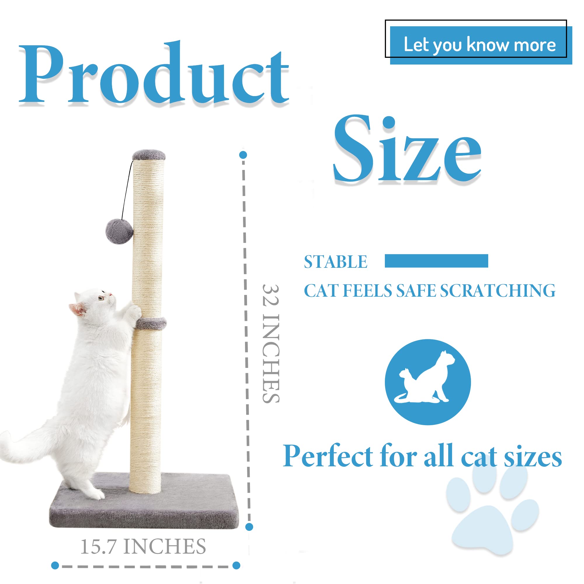 MeowHomm 32   Tall Cat Scratching Post Cat Scratcher with Hanging Ball, Durable Cat Scratching Post for Indoor with Sisal Rope