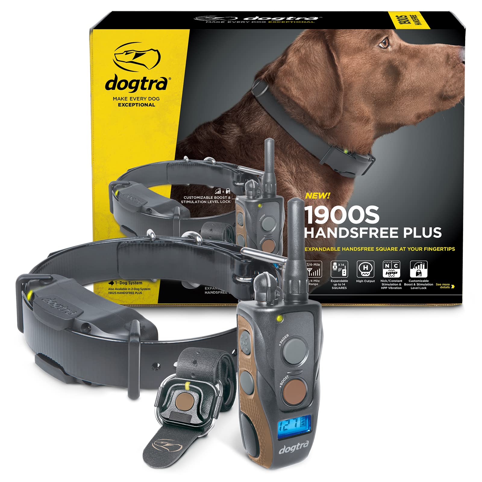 Dogtra 1900S HANDSFREE Plus Boost and Lock, Remote Dog Training E-Collar, HANDSFREE Square, 3/4-Mile Range, Rechargeable, Waterp