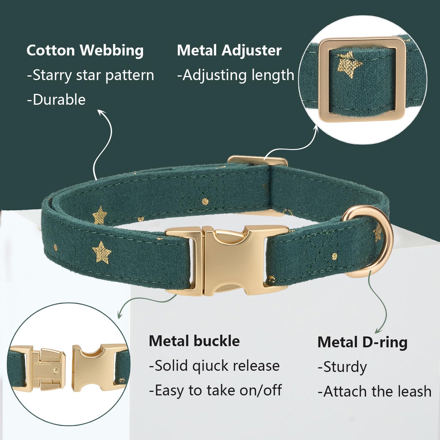 Ewinoom Cotton Dog Collar With Metal Buckle Adjustable Soft Dog Collars With Gold Star For Small Medium Large Dogs,Dark Green,Me